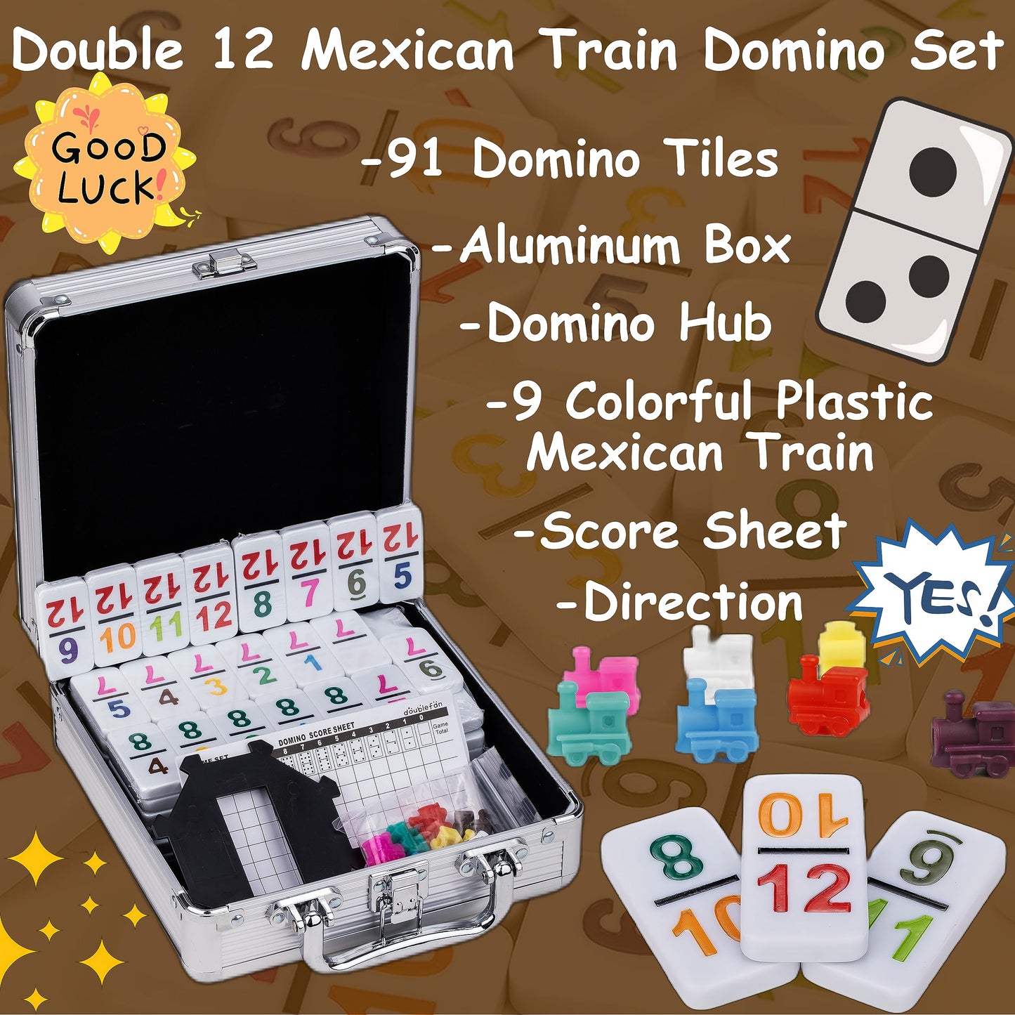 Smilejoy Double 12 Colorful Number Dot Dominoes, Mexican Train Domino Game Double Twelve Domino Set With Aluminum Case, 91 Tiles