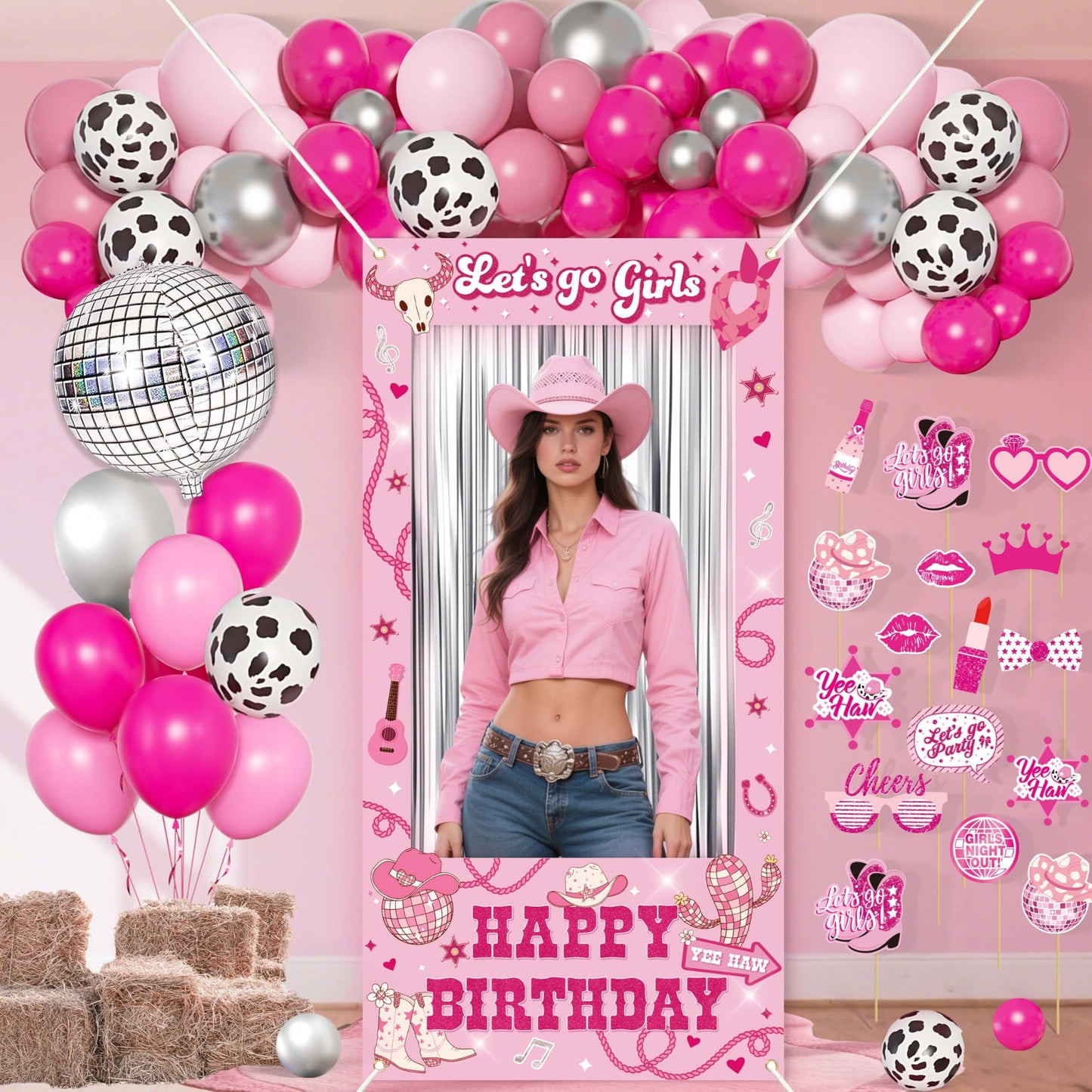 Disco Cowgirl Birthday Party Decorations Set - Photo Booth Props for Girls,Foil Balloon Pink Balloons for women Birthday Party S