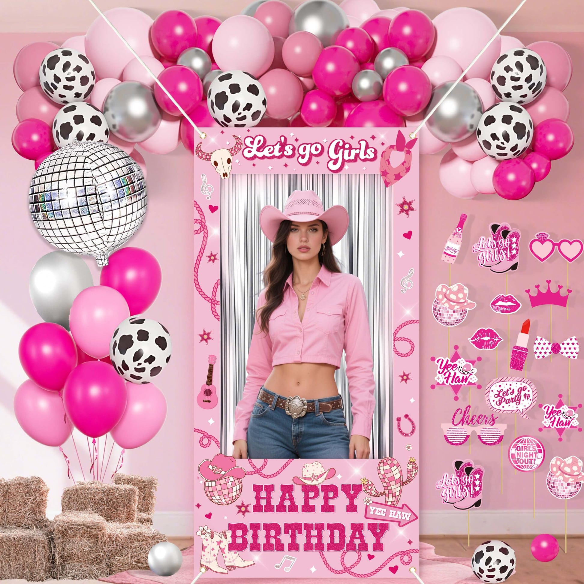 Disco Cowgirl Birthday Party Decorations Set - Photo Booth Props for Girls,Foil Balloon Pink Balloons for women Birthday Party S