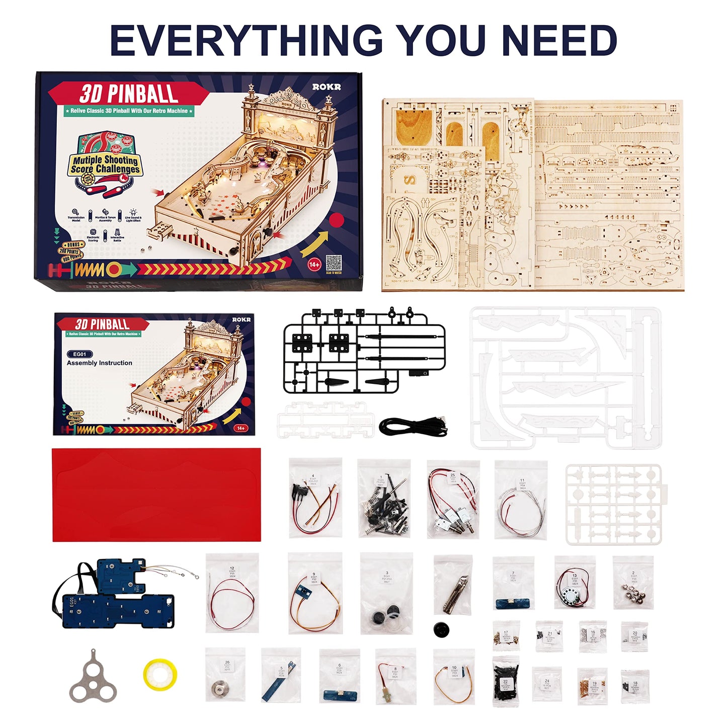 Rokr Miniature Pinball Machine-3D Wooden Puzzles For Adults-Diy Wood Model Kits For Adults-Toy Gifts For Ages 14 And Up