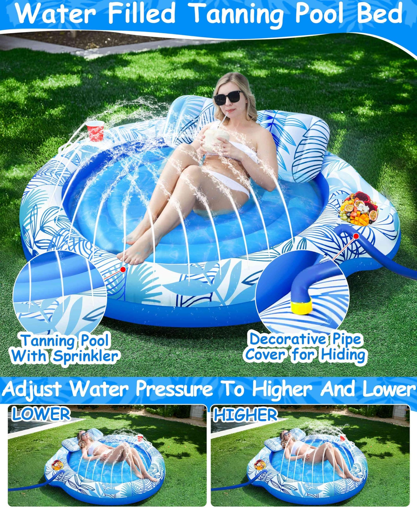 TURNMEON Inflatable Tanning Pool Lounger Float, 72" x 47", Plastic, Blue/Pink, with Backrest & Drink Holder for Adults