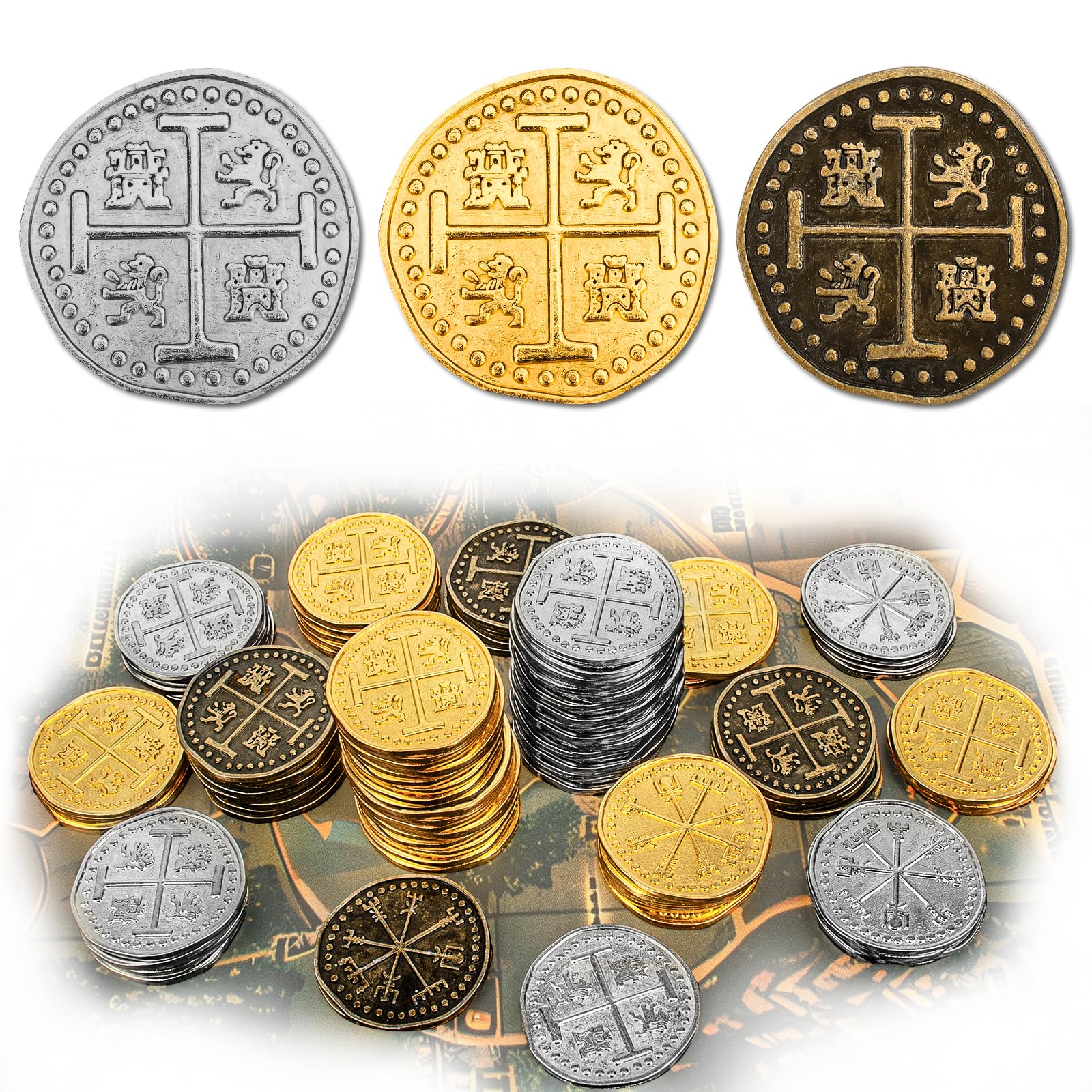 Byhoo 100 Pcs Metal Pirate Token Coins Set, Realistic Treasure Spanish Coins for Pirate Treasure Chest Treasure Hunt Cosplay Toy