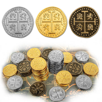 Byhoo 100 Pcs Metal Pirate Token Coins Set, Realistic Treasure Spanish Coins for Pirate Treasure Chest Treasure Hunt Cosplay Toy