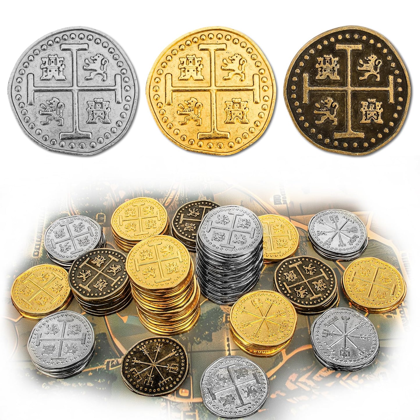 Byhoo 36 Pcs Metal Pirate Token Coins Set, Realistic Treasure Spanish Currency Coins For Pirate Treasure Chest Treasure Hunt Cos