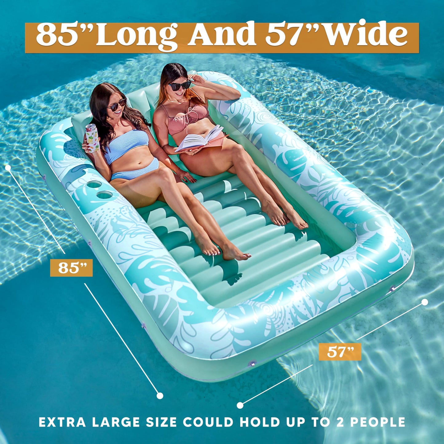 Sloosh Inflatable Tanning Pool Lounger Float,85' X 57' Extra Large Pool Floats Adult With Pillow,4 In 1 Suntan Tub Raft Floatie,Sunbathing Bed Lounge Blow Up Ball Pit Party Gifts,Xl-Cyan White