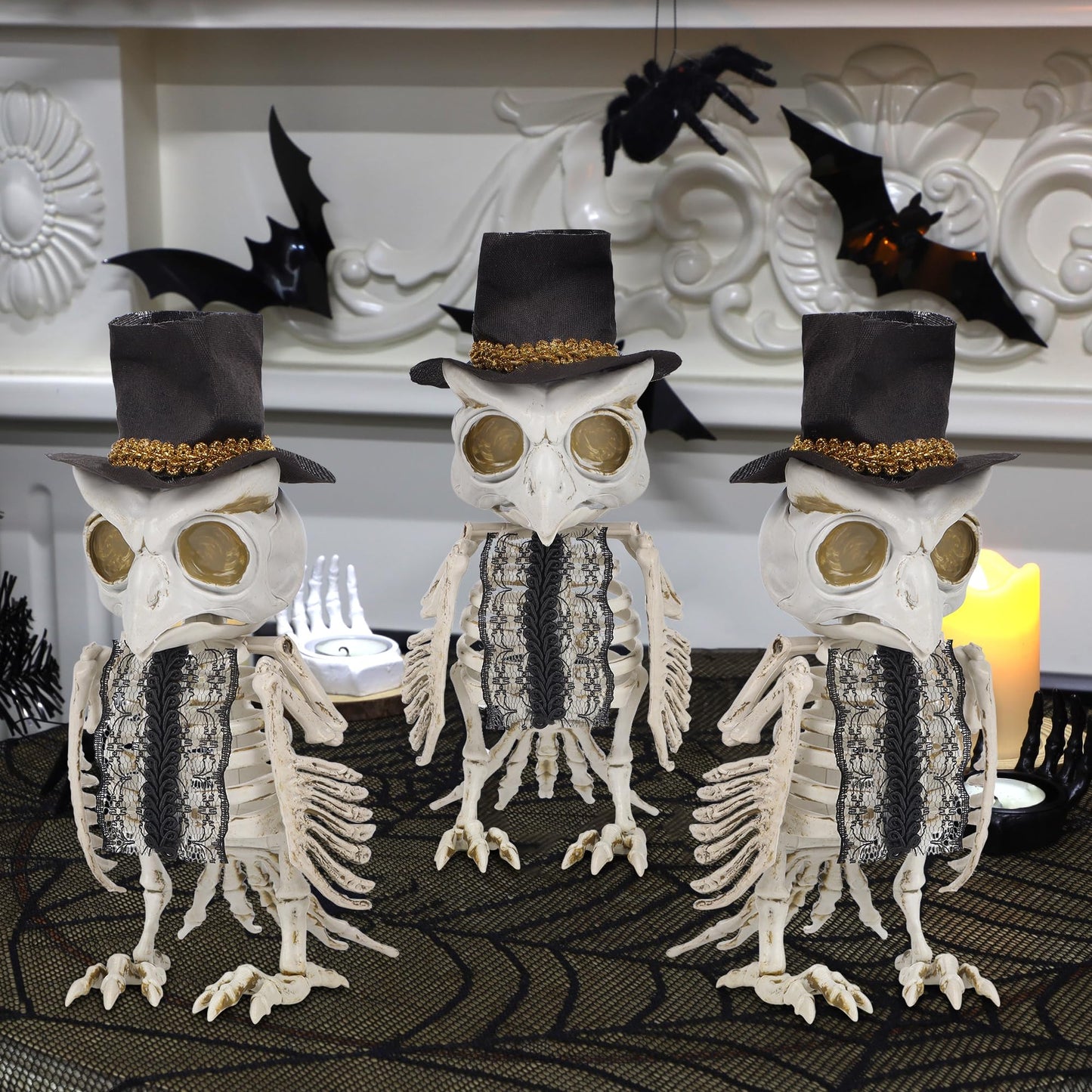 Dr.Dudu 3 Pack Halloween Skeleton Owl Decor, Life Size Animals Skeletons Plastic Skull Decorations Halloween Birds Figurines Dec