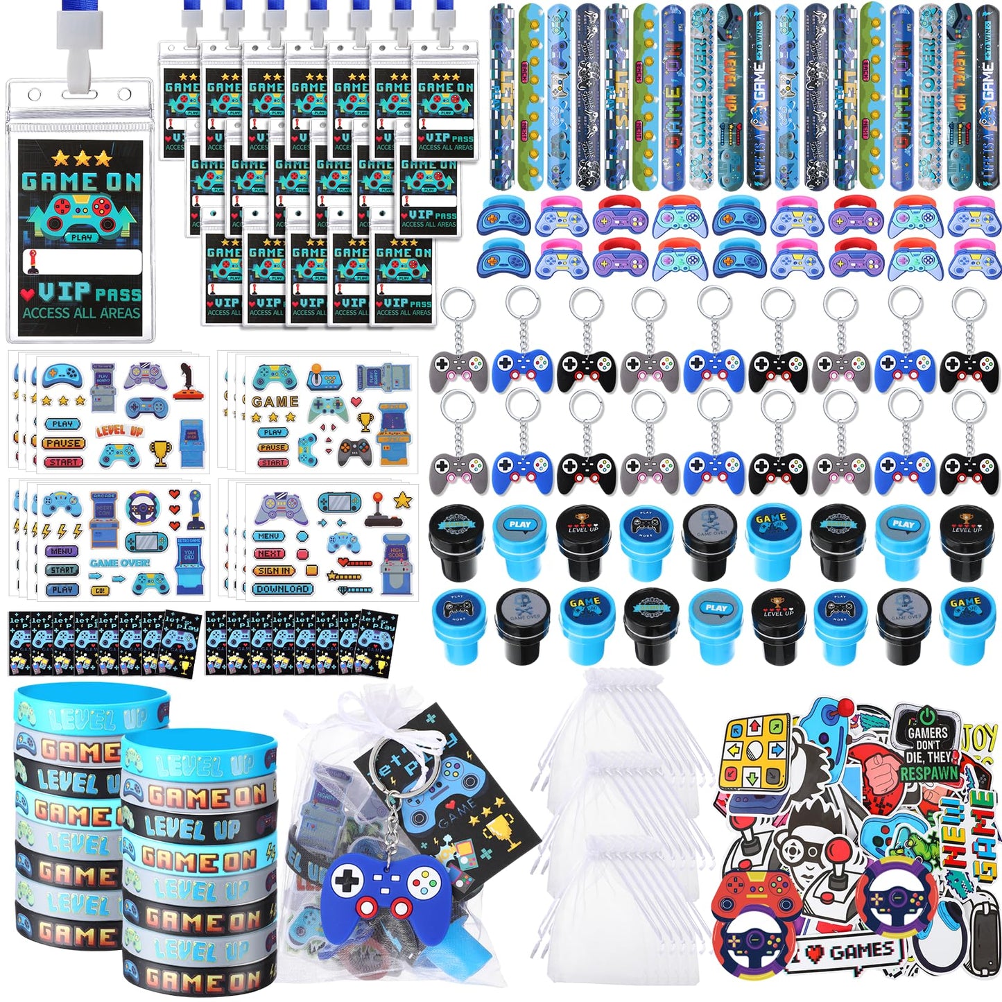 RoundFunny 266 Pcs Video Game Party Favors Gamer Birthday Supplies Included Game Console Handle Keychain,Cards with Card Holders