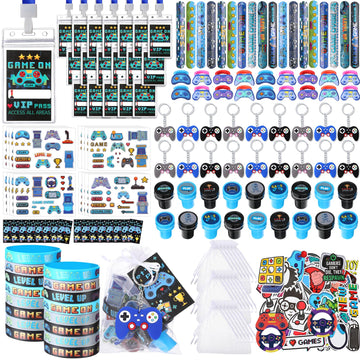 RoundFunny 266 Pcs Video Game Party Favors Gamer Birthday Supplies Included Game Console Handle Keychain,Cards with Card Holders