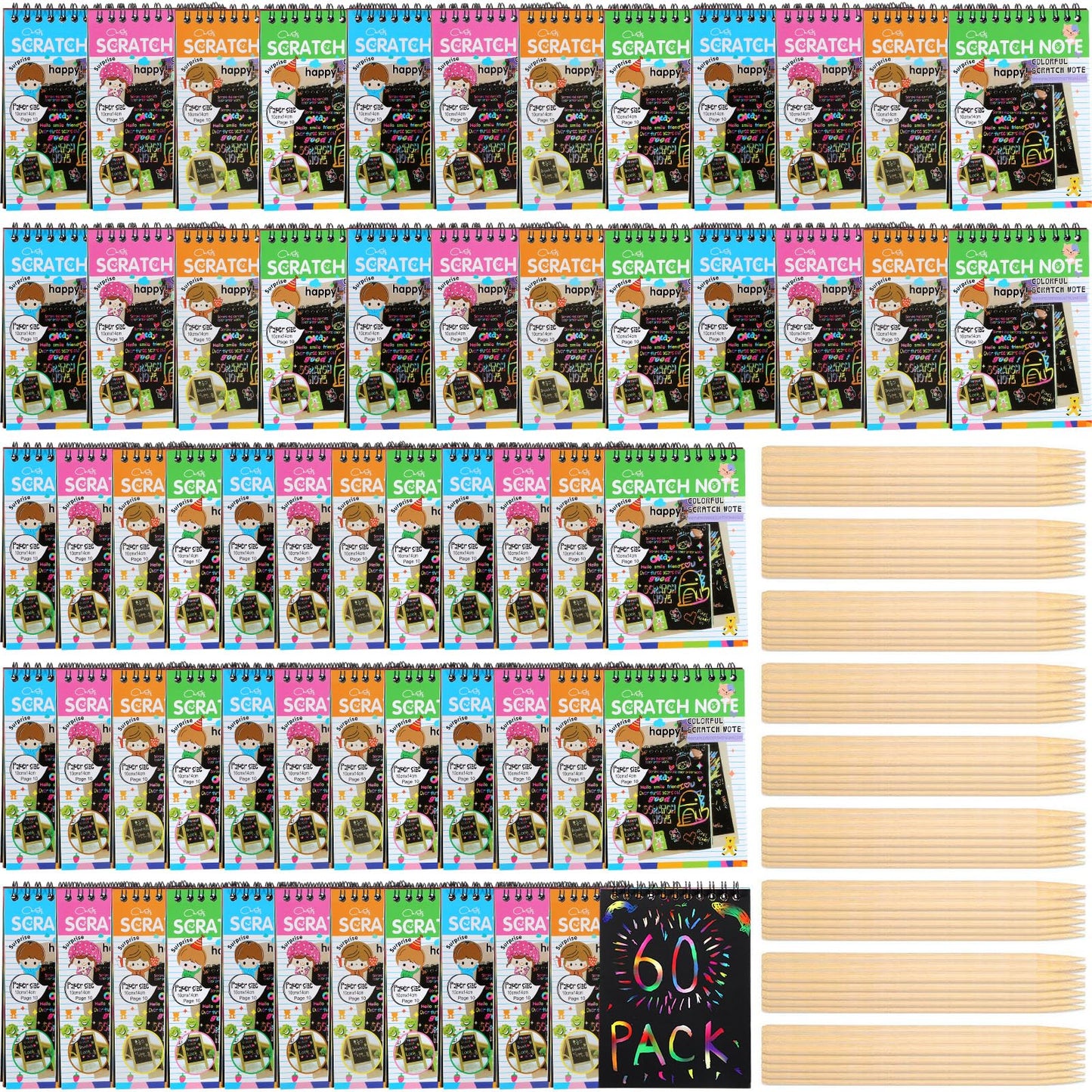 Fulmoon 60 Pcs Bulk Scratch Note Pads for Kids Scratch Paper Art Notebooks Rainbow Party Favors with Wooden Stylus Coloring Book