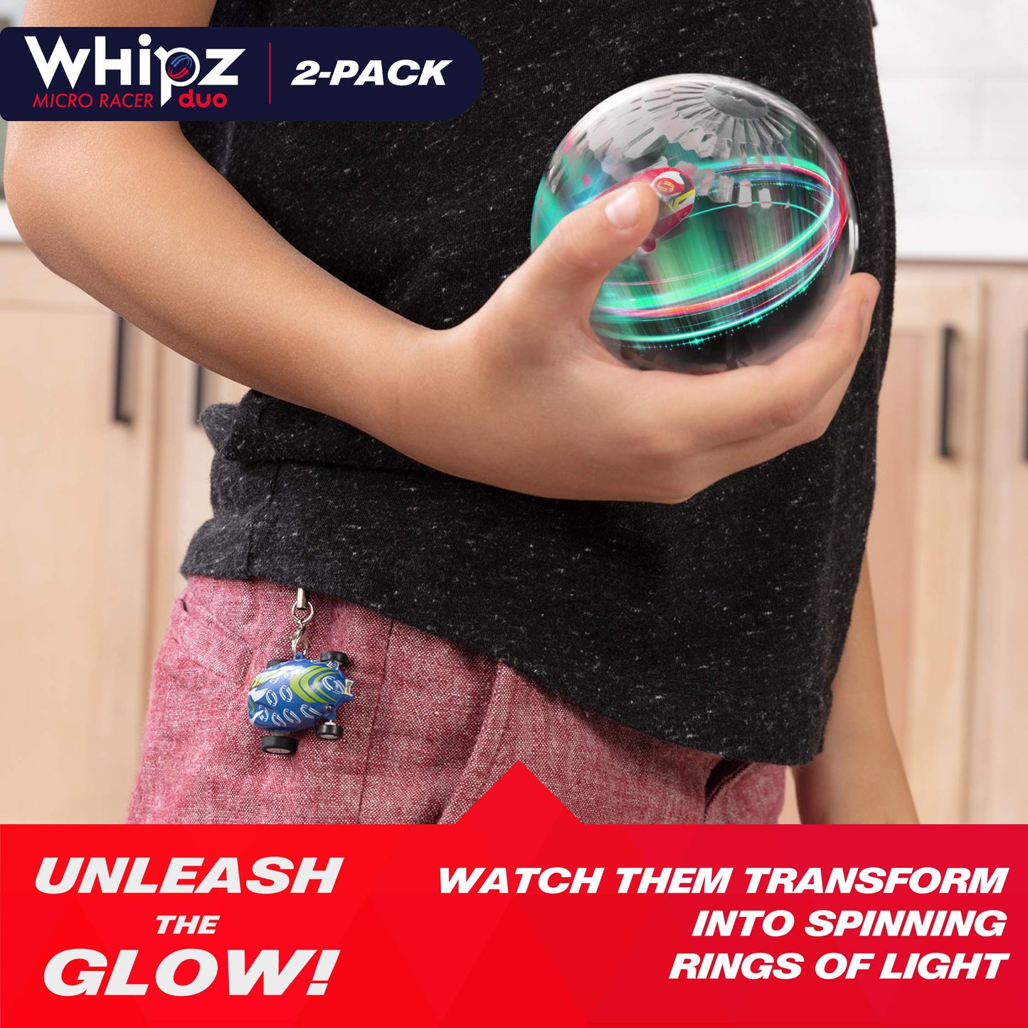 Usa Toyz Whipz Duo Micro Racers Toy Cars For Kids - 2Pk Mini Keychain Cars, Glow In The Dark Led Fast Pocket Racers Fidget Toys,