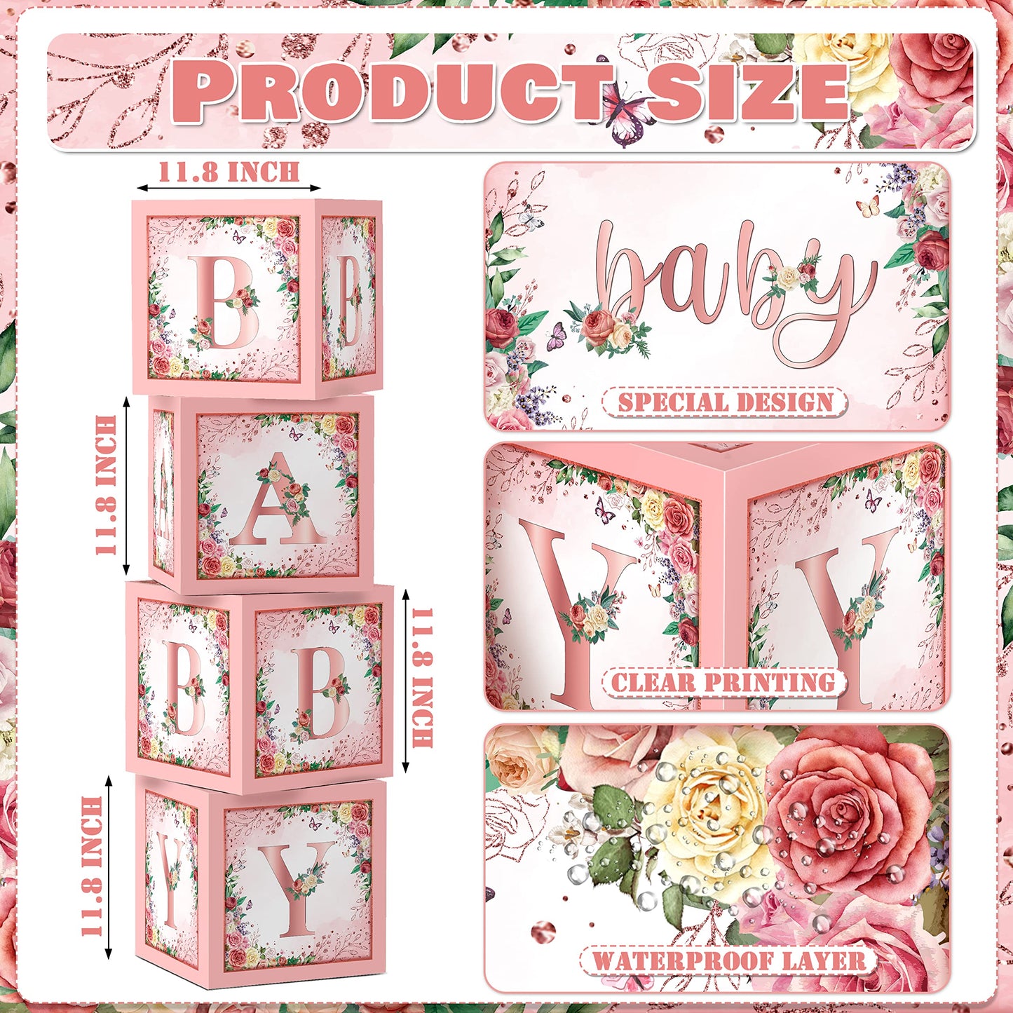 Floral Baby Shower Box Birthday Party Decoration Pink Balloon Blocks First Birthday Centerpiece Decor For Girls Rose Gold Gender