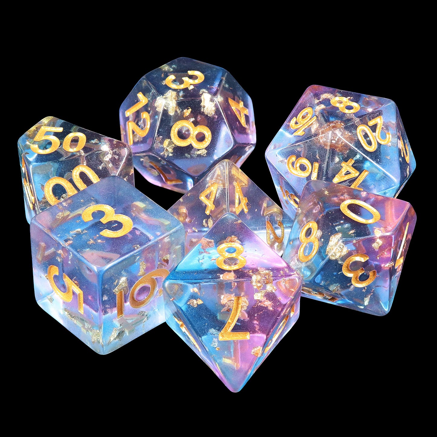 Resin DND Dice Set,Pink Cyan Flower Transparent D&D Dice Filled with Glass Bead Flake Polyhedral Dice for Dungeons and Dragons D