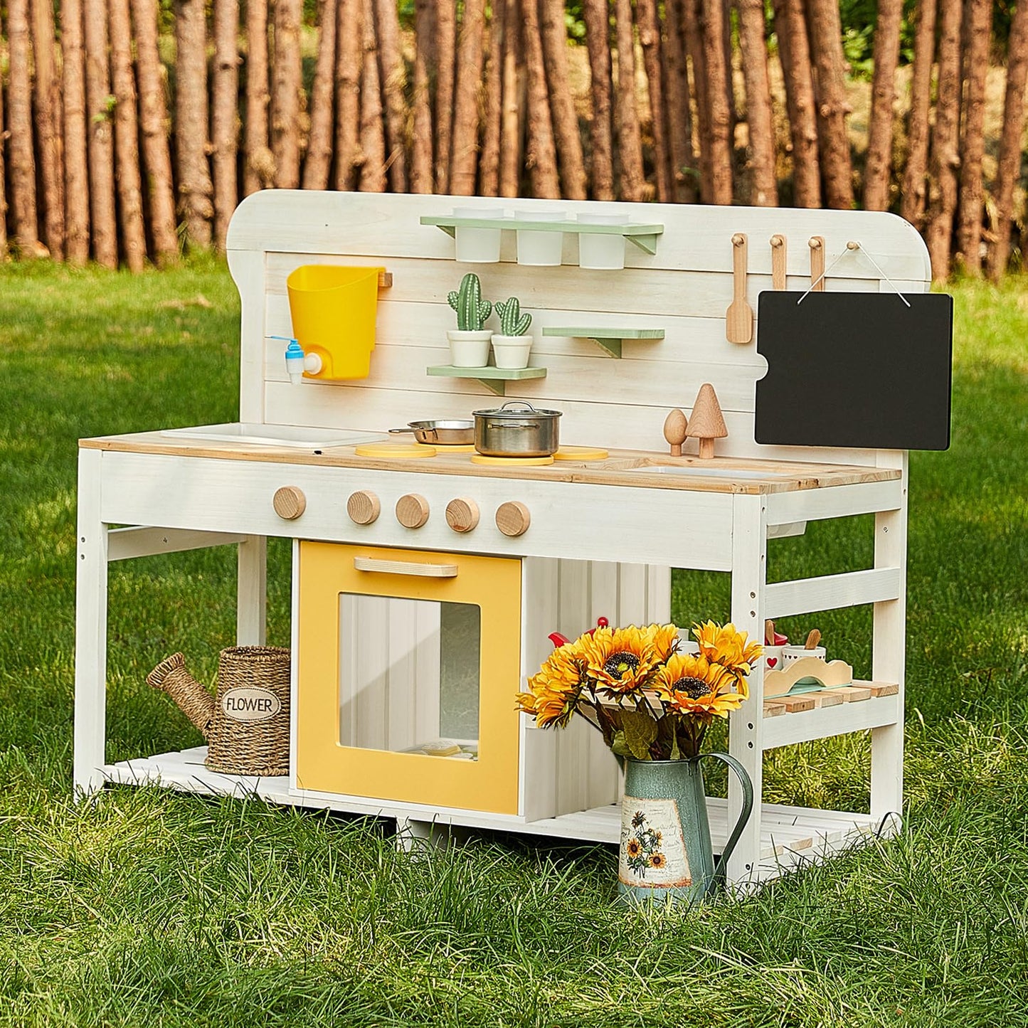 Giant Bean Mud Kitchen For Kids Outdoor, Deluxe Wooden Toy Play Kitchen Set, With Sand And Water Sink, Blackboard And Kitchen Ac