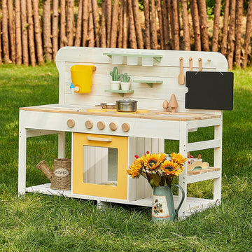 Giant Bean Mud Kitchen For Kids Outdoor, Deluxe Wooden Toy Play Kitchen Set, With Sand And Water Sink, Blackboard And Kitchen Ac