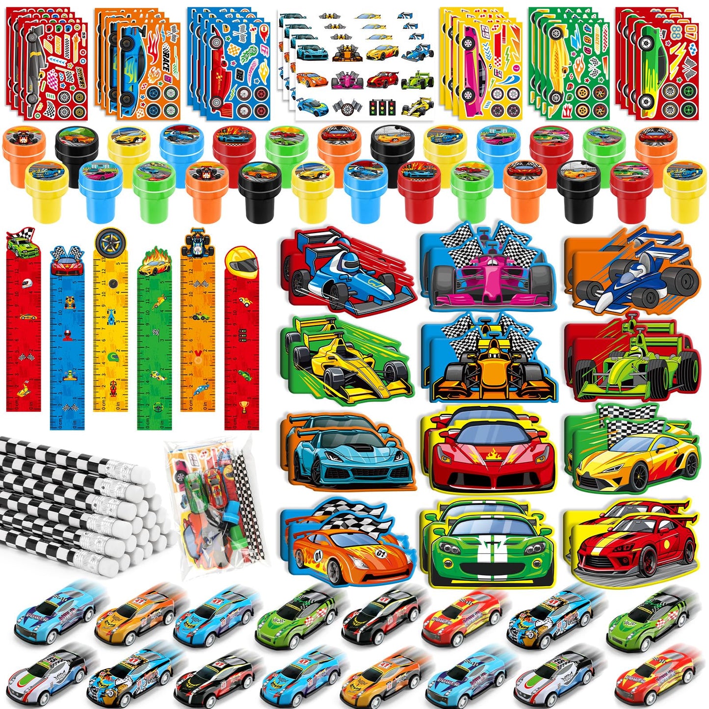 BenLouis 96Pcs Race Car Party Favors Racing Theme School Stationery Set Bulk for Kids Fast Racecar Wheel Birthday Party Goodie B