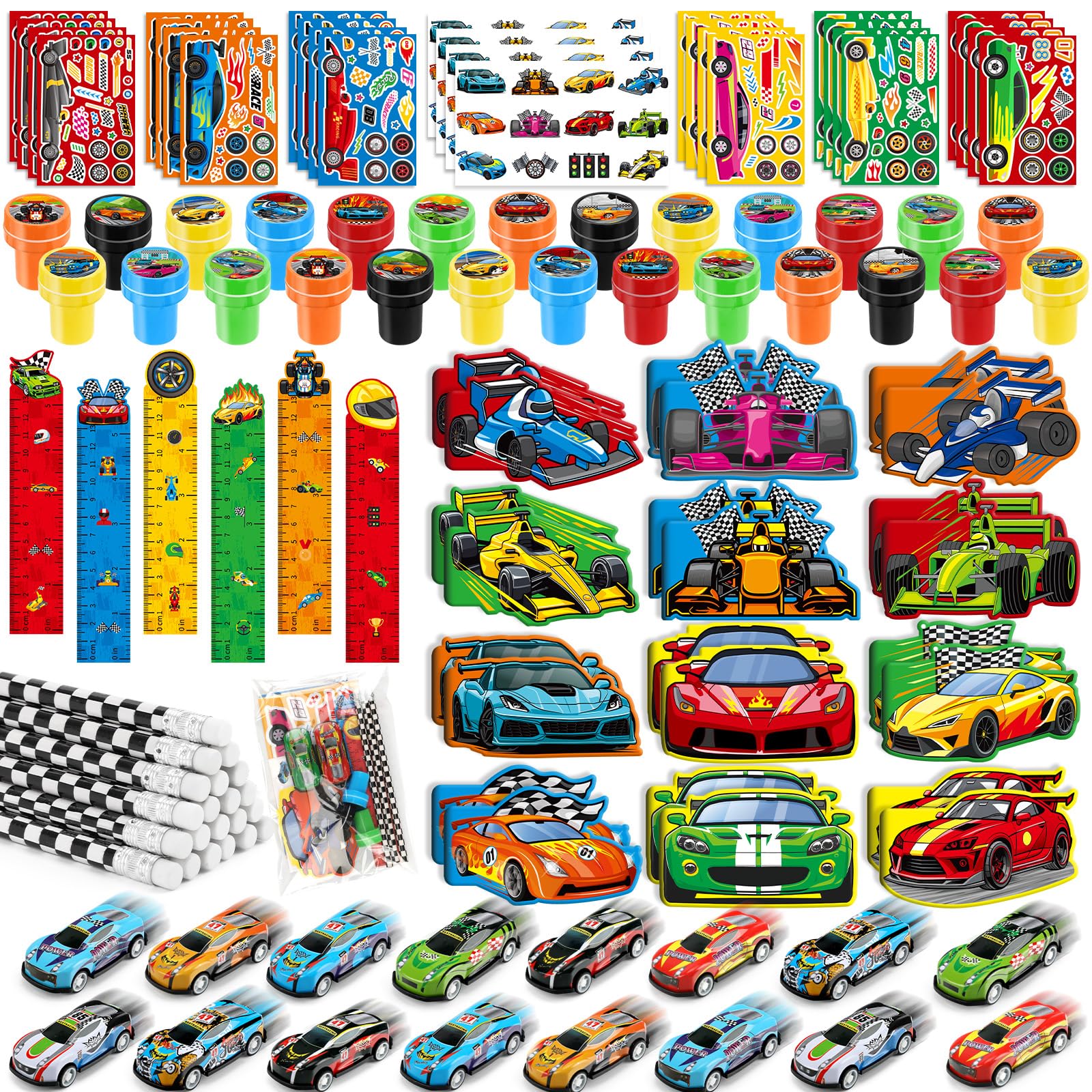 BenLouis 96Pcs Race Car Party Favors Racing Theme School Stationery Set Bulk for Kids Fast Racecar Wheel Birthday Party Goodie B