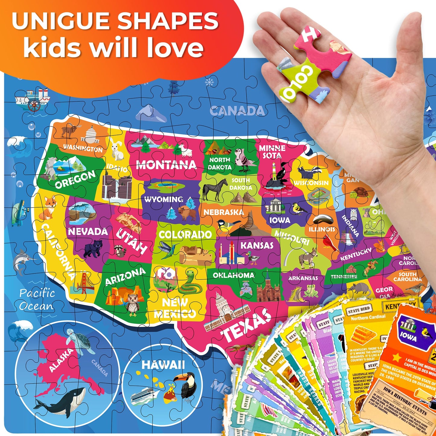 Quokka Puzzles For Kids Ages 8-10 - 150 Pcs Jigsaw Puzzles For 6-8 Year Olds - 400+ Facts On 50 Double-Sided Flashcards | Learn Usa | Education Activity Gift - Shaped Puzzles For Toddlers 4-6