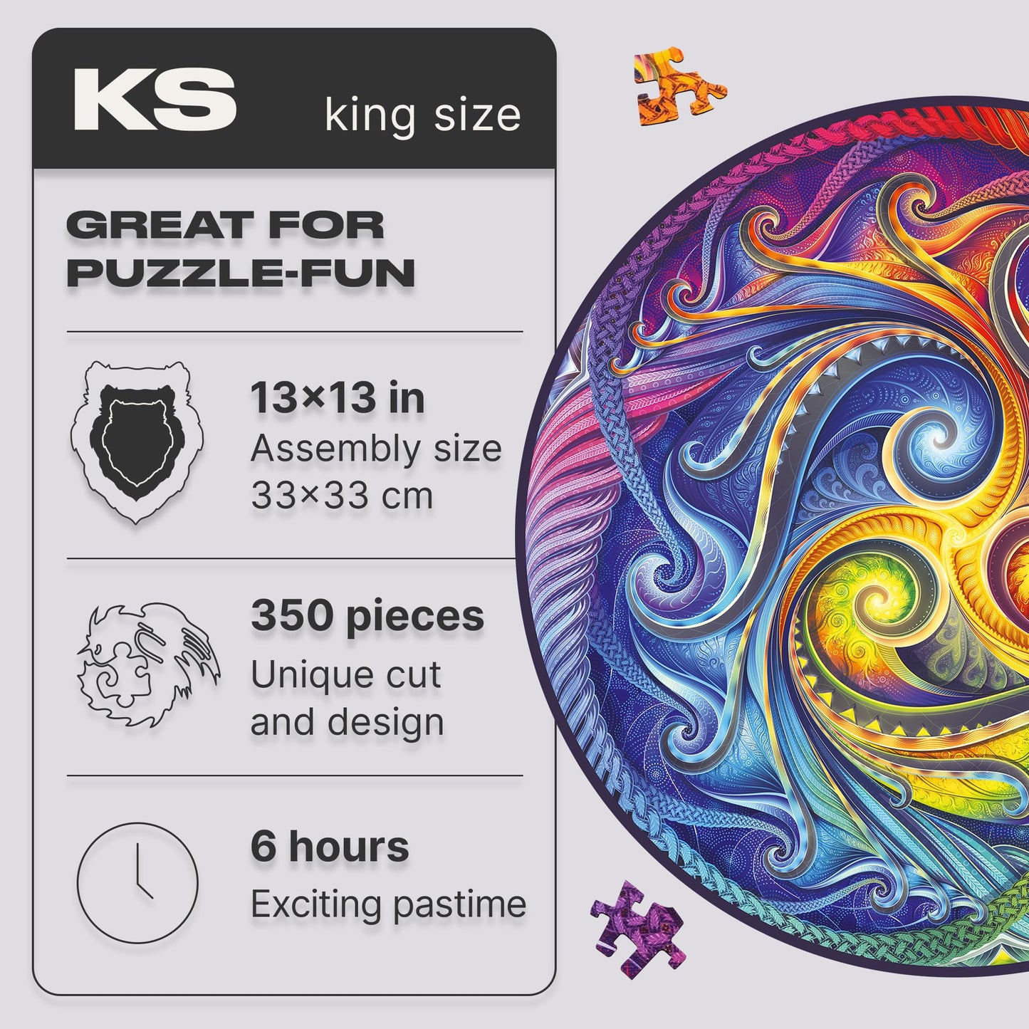 Unidragon Original Wooden Jigsaw Puzzles - Mandala Spiral Incarnation, 350 Pcs, King Size 13'X13', Beautiful Gift Package, Unique Shape Best Gift For Adults And Kids