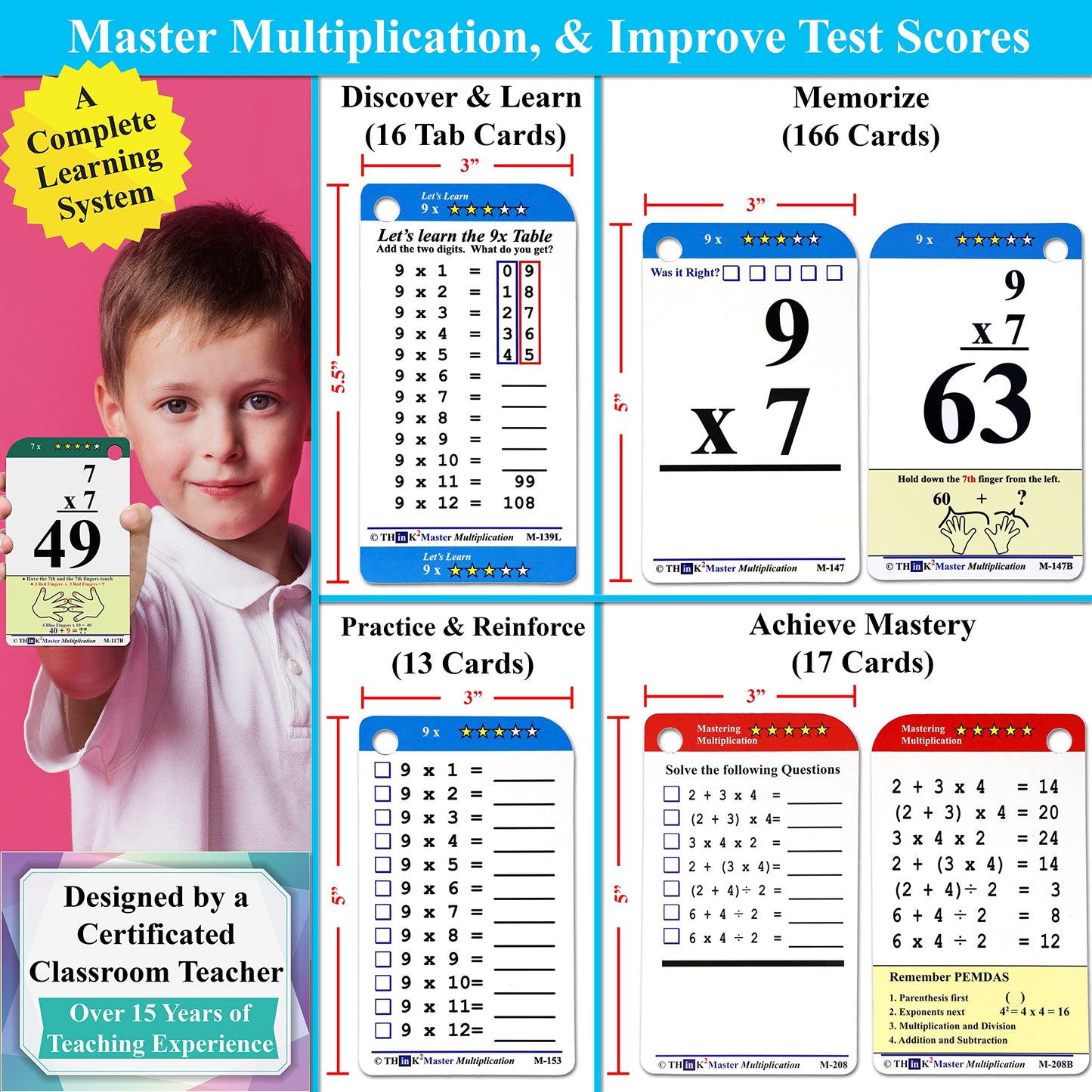 THINK2MASTER Multiplication Flash Cards - 215 Laminated Cards, 2 Dry Erase Markers, 5 Rings, Designed by a Teacher for Test Success