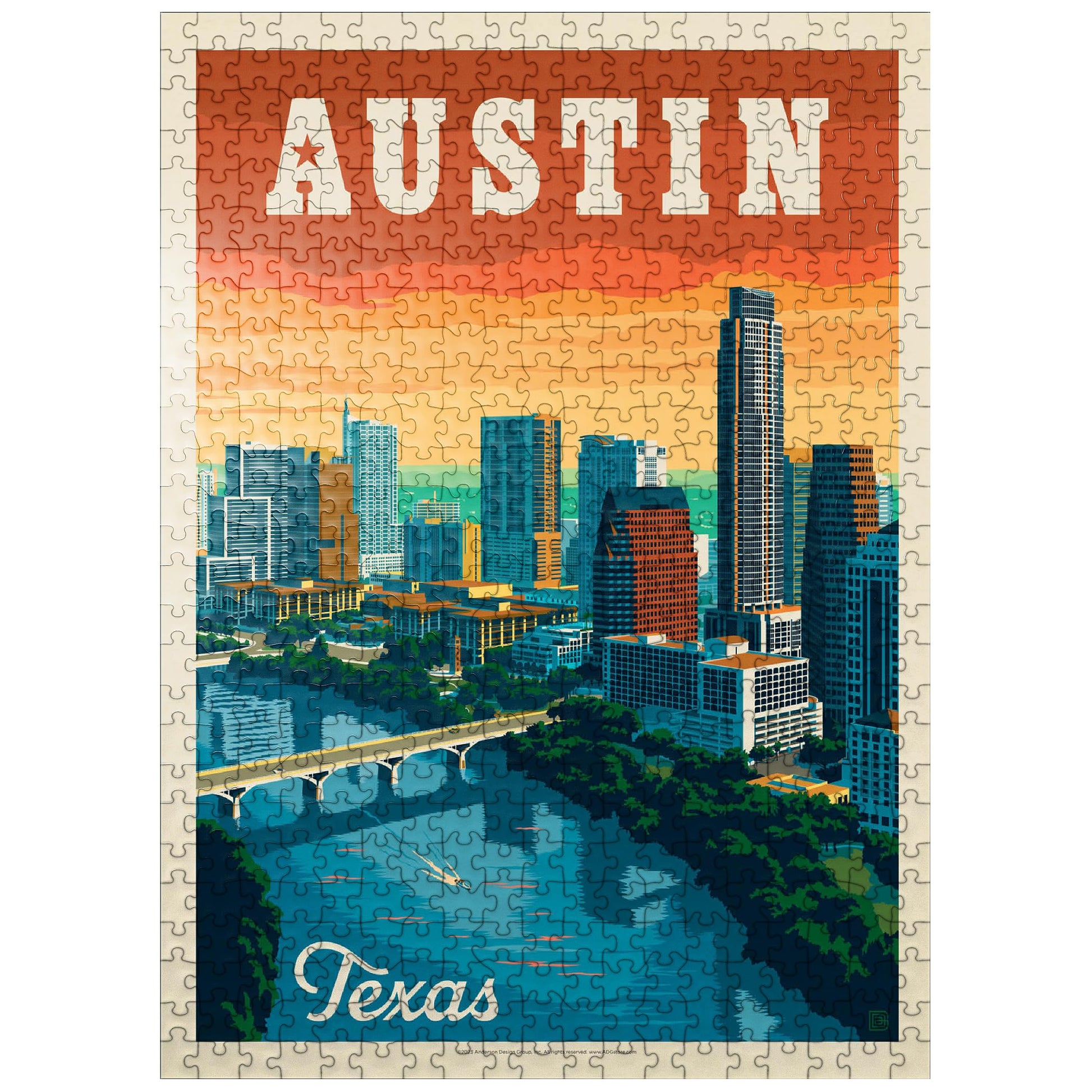 MyPuzzle Austin  Texas: Skyline  Vintage Poster - enhanced 500 Piece Jigsaw Puzzle for mature-themeds