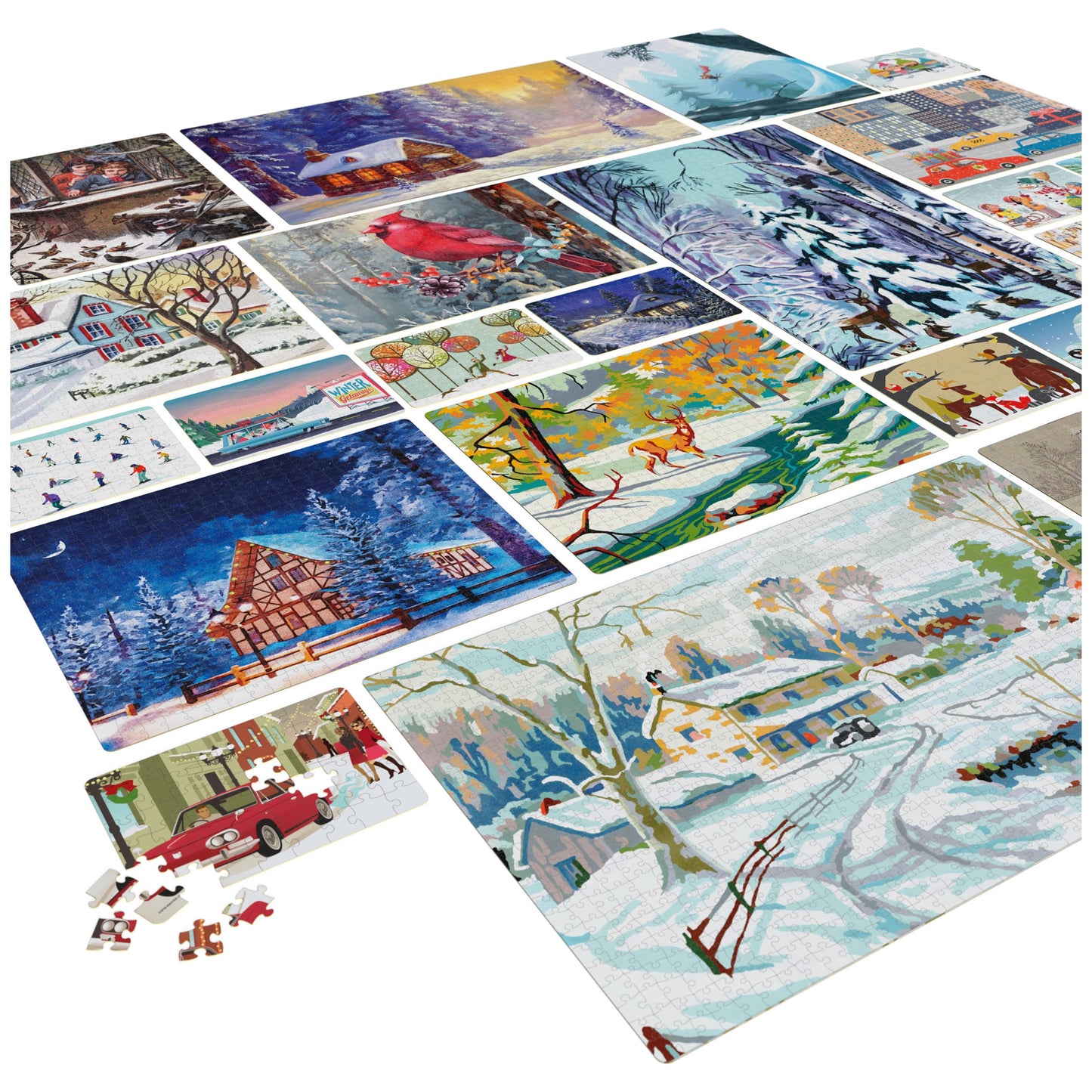 24 Jigsaw Puzzle Bundle, Holiday Winter Snow Illustration Landscape, 1000, 500, 300, 100, 48, 24 Pieces, for Kids and Adults Age