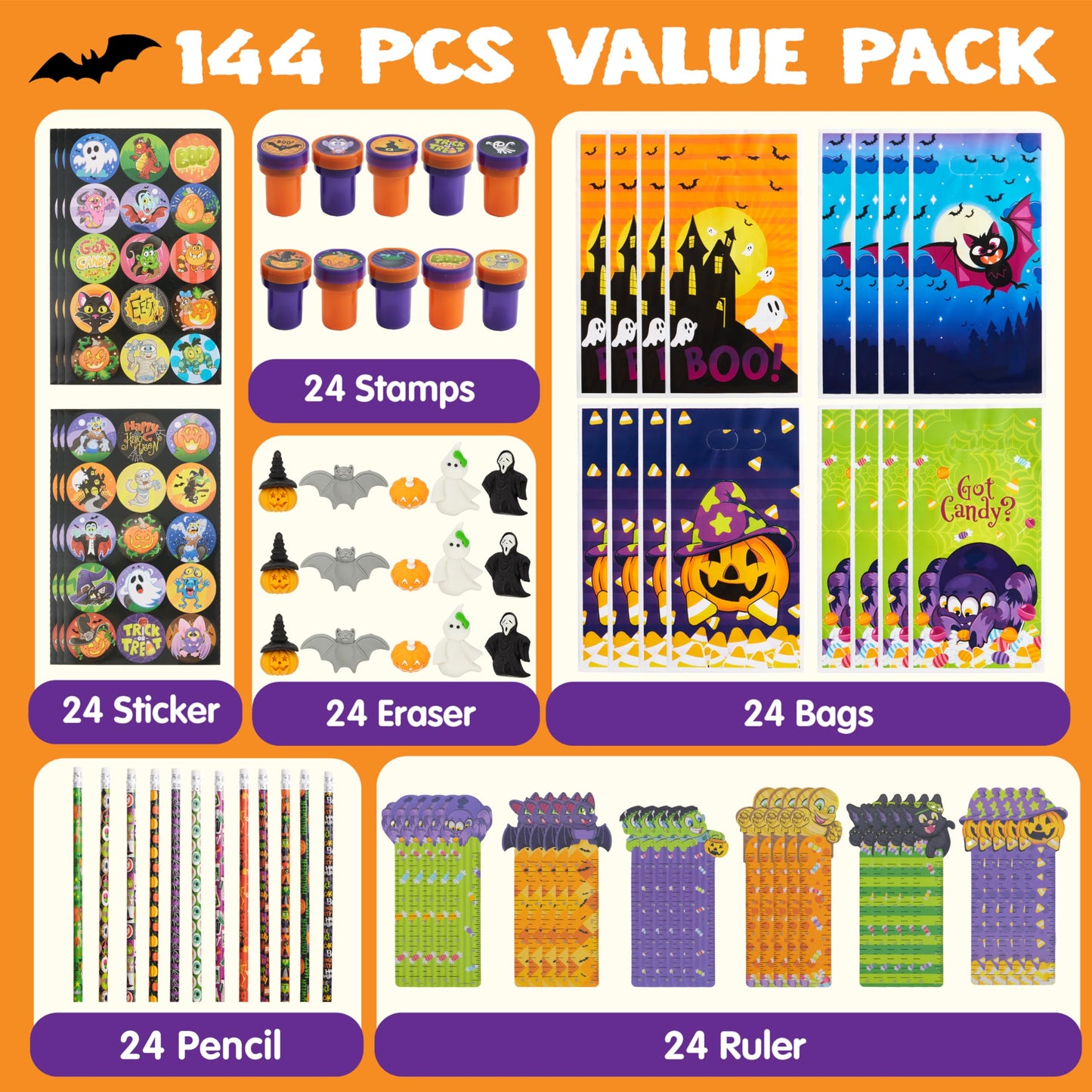 JOYIN 144 Pieces 24 Pack Assorted Halloween Themed Stationery Kids Gift Set Trick Treat Prize Party Favor Toy Including Hallowee