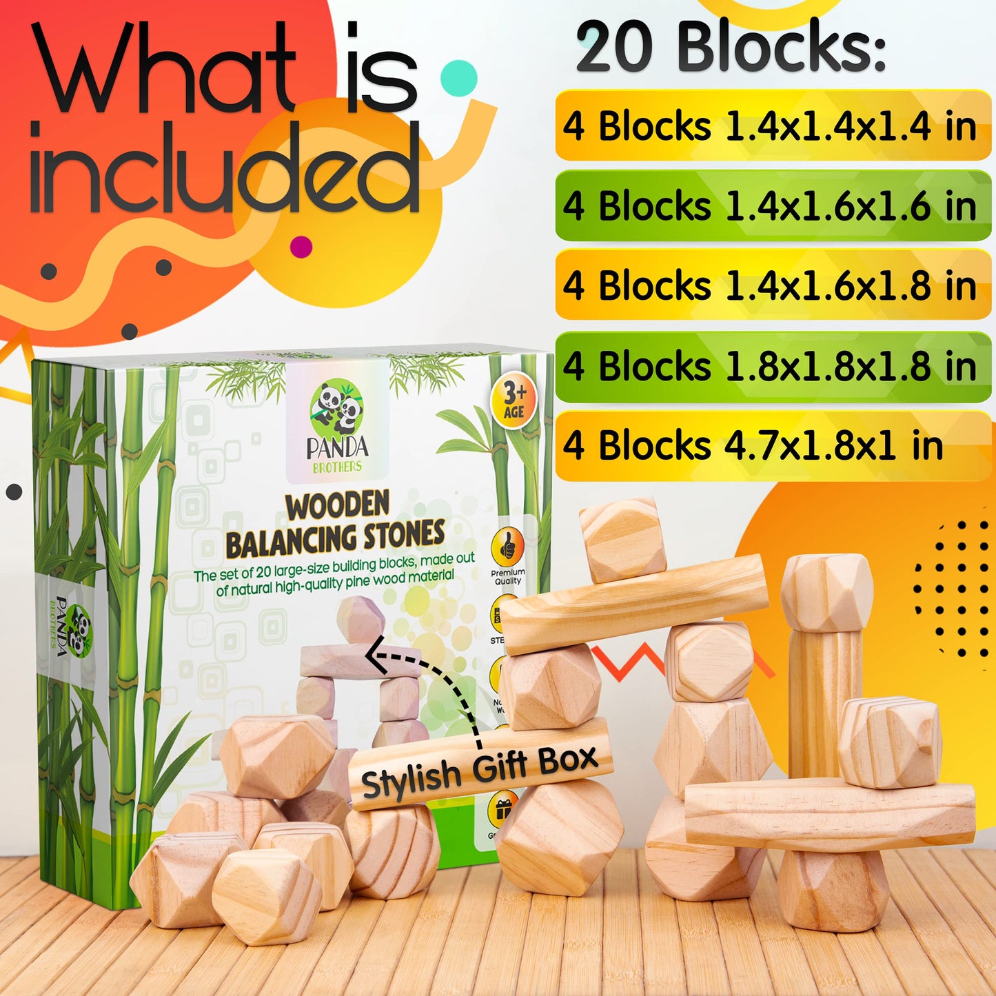 Panda Brothers Wooden Balancing Stones - Montessori Toys For 3 4 5 Year Old Kids And Toddlers Learning Sensory Toy, 20 Large Siz