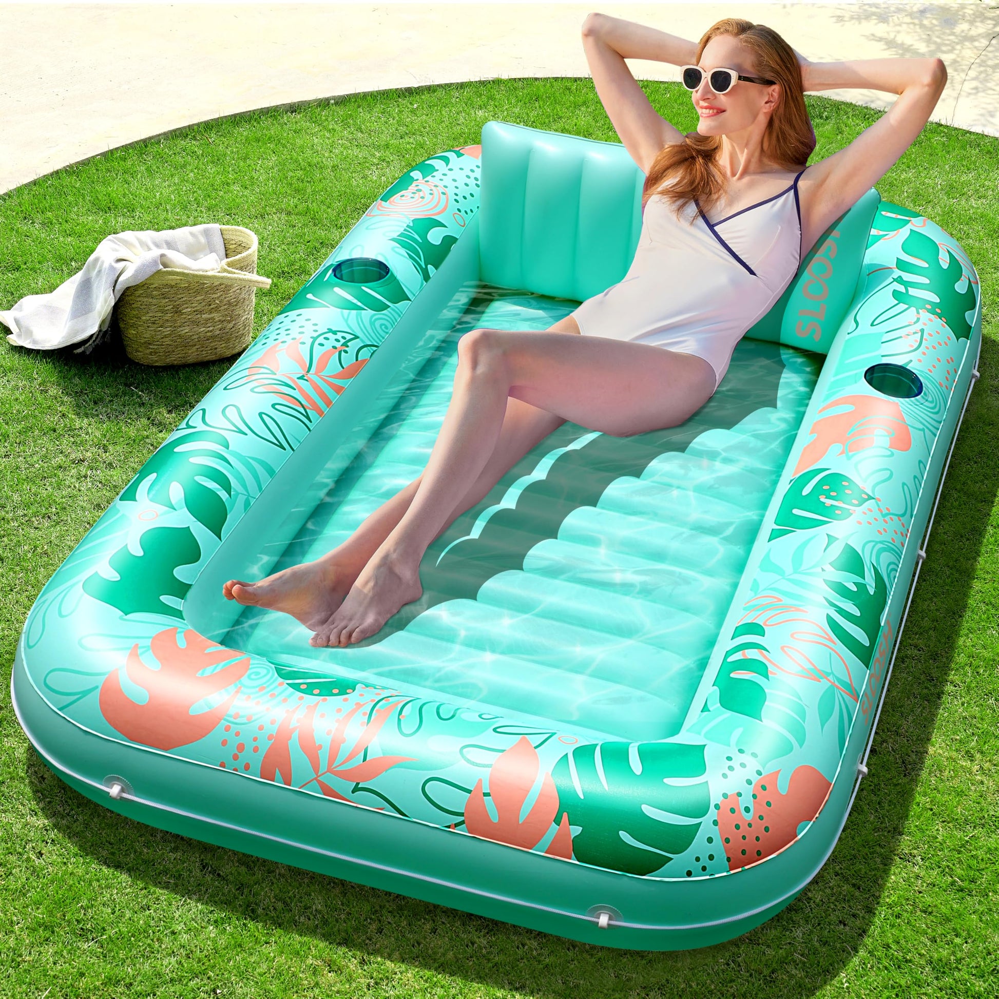 SLOOSH Inflatable Tanning Pool Lounger Float  70 x 46 Pool Floats mature-themed with Pillow  4 in 1 Suntan Tub Raft Floatie Sunbathing Bed Lounge for Water Blow Up Kids Ball Pit Party Gifts  L-Aqua Blue