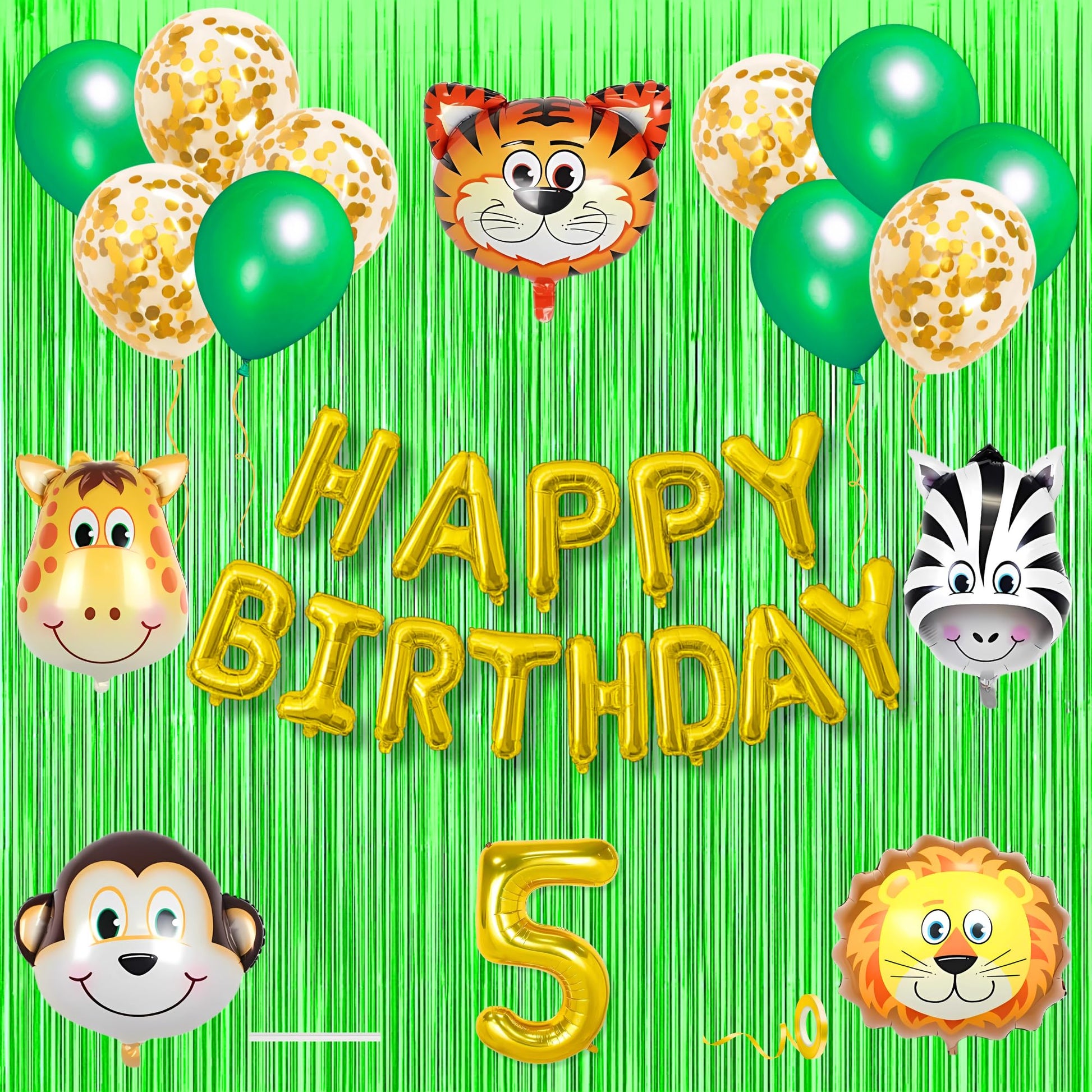 5Th Jungle Theme Birthday Banner Decoration Kit 18 Pcs For 5 Year Old Baby Boys Girls Kids Wild Animal Safari Gold Confetti Meta