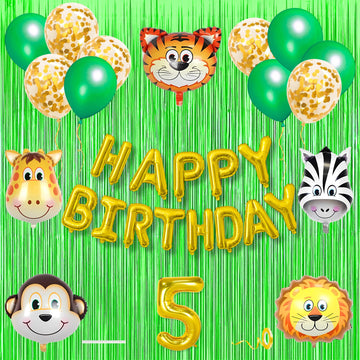 5Th Jungle Theme Birthday Banner Decoration Kit 18 Pcs For 5 Year Old Baby Boys Girls Kids Wild Animal Safari Gold Confetti Meta