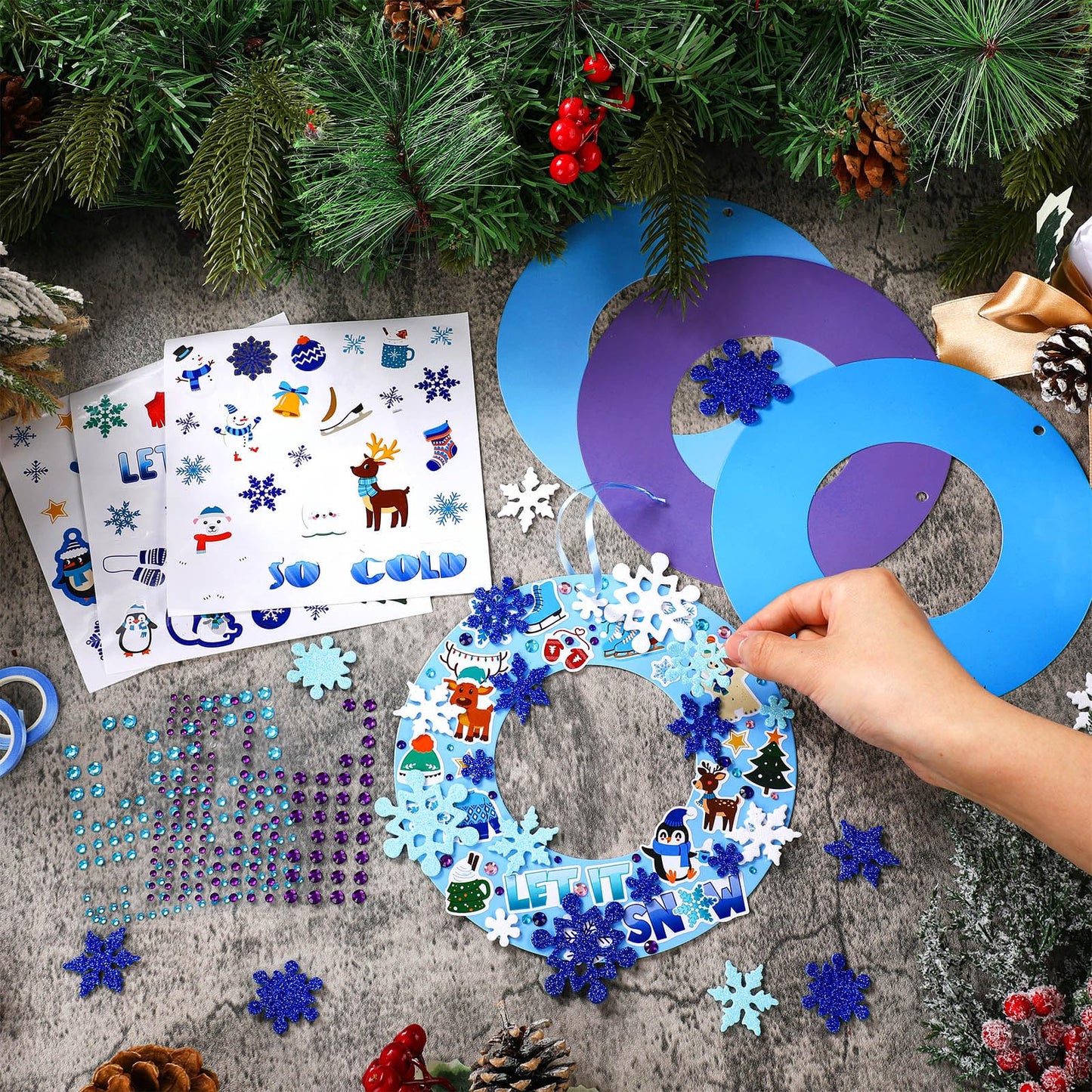 Hollowfly 48 Sets Winter Wreath Craft Kits DIY Snowflake Wreath Hanging Ornaments Make Your Own Paper Craft with Stickers for Wi