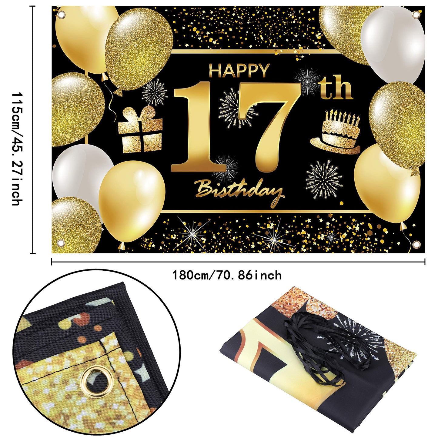 IMISI 17th Birthday Banner - Black Polyester Decorations for Men’s Birthday Party
