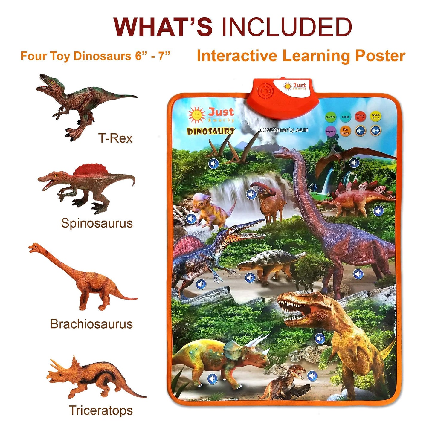 Just Smarty Interactive Dinosaur Toys Learning Poster | Dinosaur Toys For Kids 3-5 | Spinosaurus, Brachiosaurus, Trex, Velociraptor, Ankylosaurus And Other Reptile Toys | Best Dinosaur Party Favors