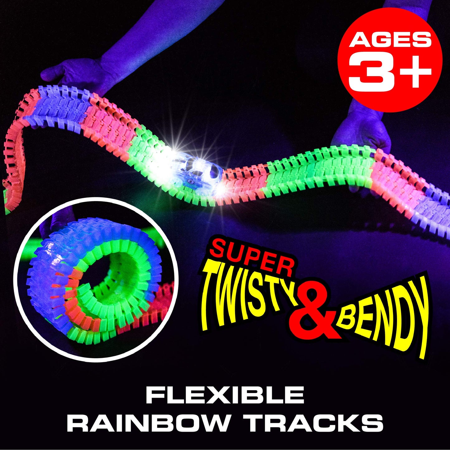 USA Toyz Glow Trax Race Track Set - 380pc Glow in The Dark, Large, Plastic, CF1302, Includes 2 LED Cars, 2 Bridges, STEM Toys for Kids