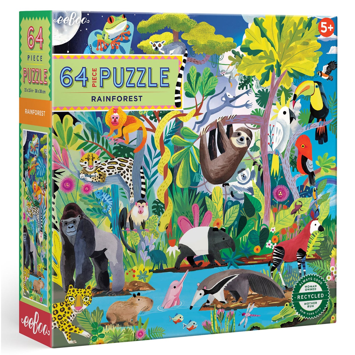 eeBoo: Rainforest - 64 Piece Puzzle - 15 x 15 Jigsaw, Vibrant Animal & Nature Scene, Informational Poster, Big Sturdy Dustless P