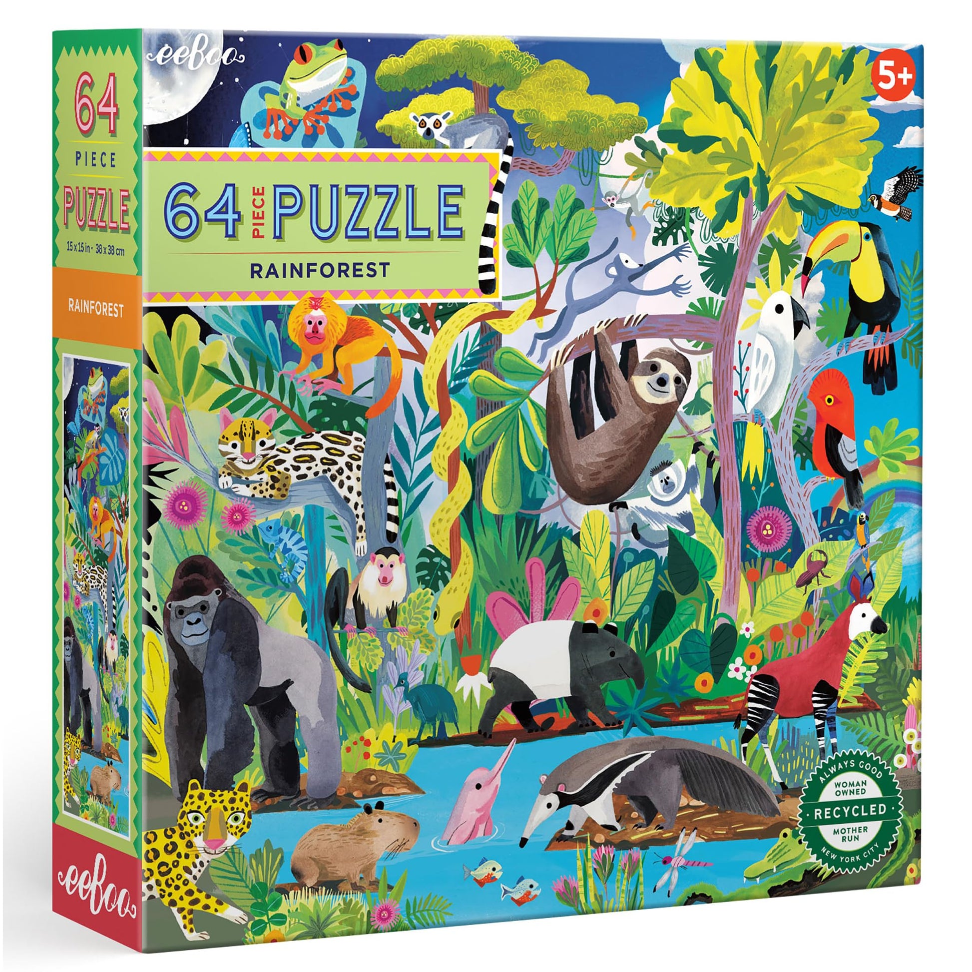 eeBoo: Rainforest - 64 Piece Puzzle - 15 x 15 Jigsaw, Vibrant Animal & Nature Scene, Informational Poster, Big Sturdy Dustless P