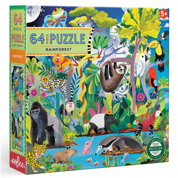 eeBoo: Rainforest - 64 Piece Puzzle - 15 x 15 Jigsaw, Vibrant Animal & Nature Scene, Informational Poster, Big Sturdy Dustless P
