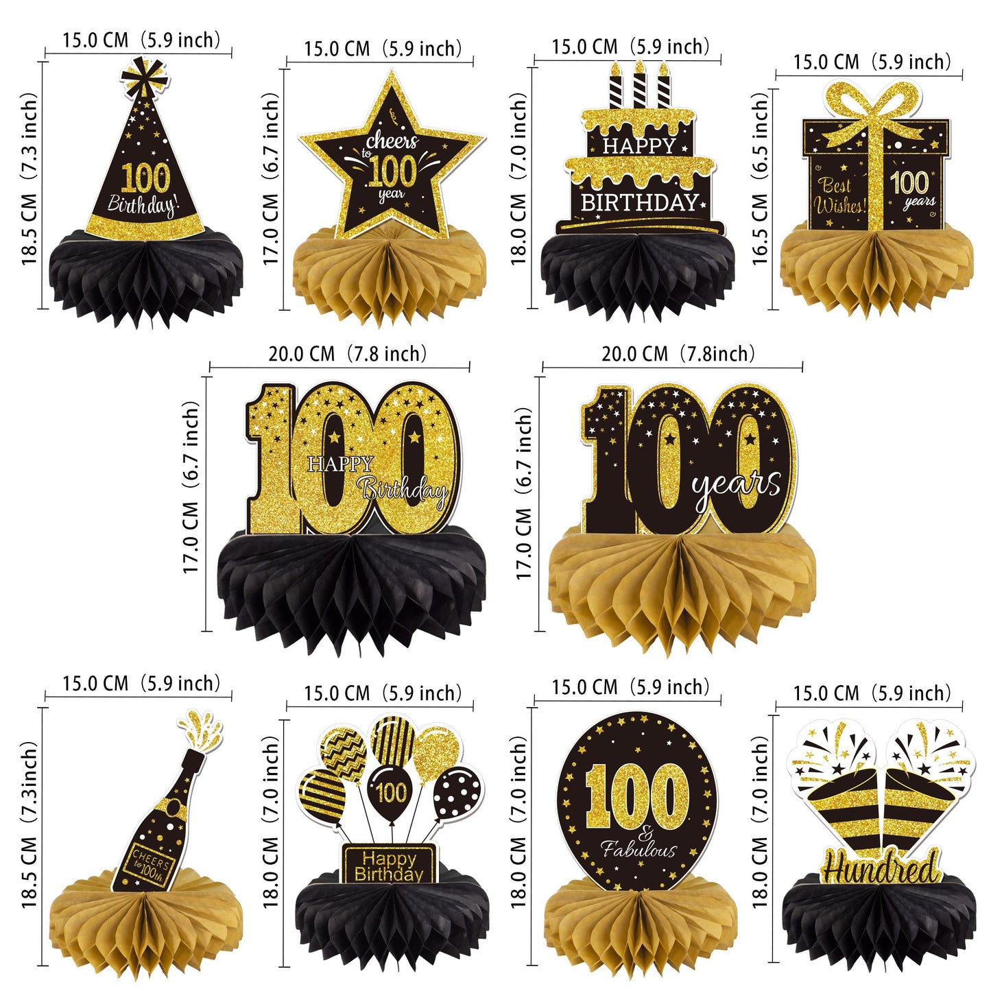 Gexolenu 10 Pcs 100 Birthday Honeycomb Centerpieces Gold Black Cheers To 100 Years Birthday Centerpieces Tables Toppers For Men