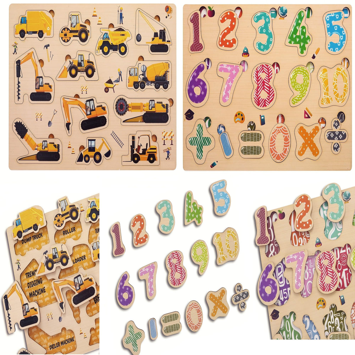 Aebco Early Educational Colorful Wooden Set of 2 Construction Vehicles & Number Wooden Board Jigsaw Puzzle for Pre School Toddle