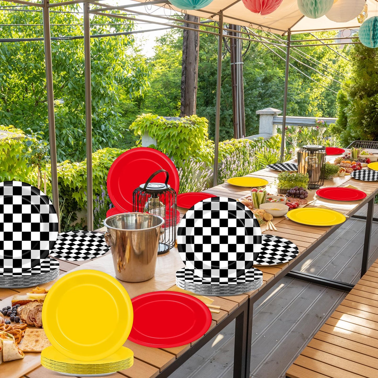 48 Pcs Racing Car Party Paper Plates for Race Car Birthday Party Supplies 7 Red Yellow Black White Checkered Disposable Plates R