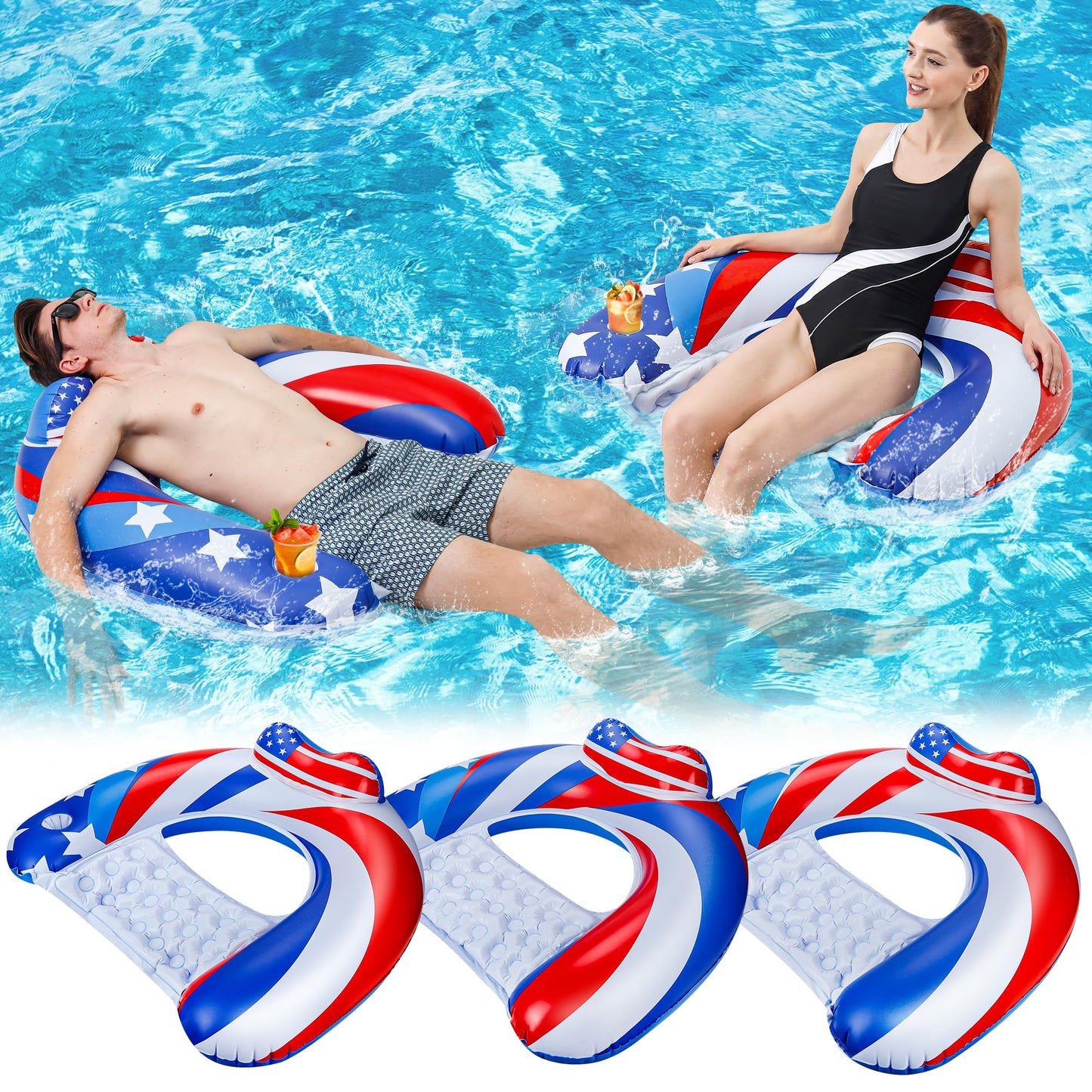 SEETOHOME 3 Pack Pool Floats Chair mature-themed with Drink Holder  Inflatable Floating Pool Chairs for mature-themeds Swimming Pool Party Lake River Summer Water Fun