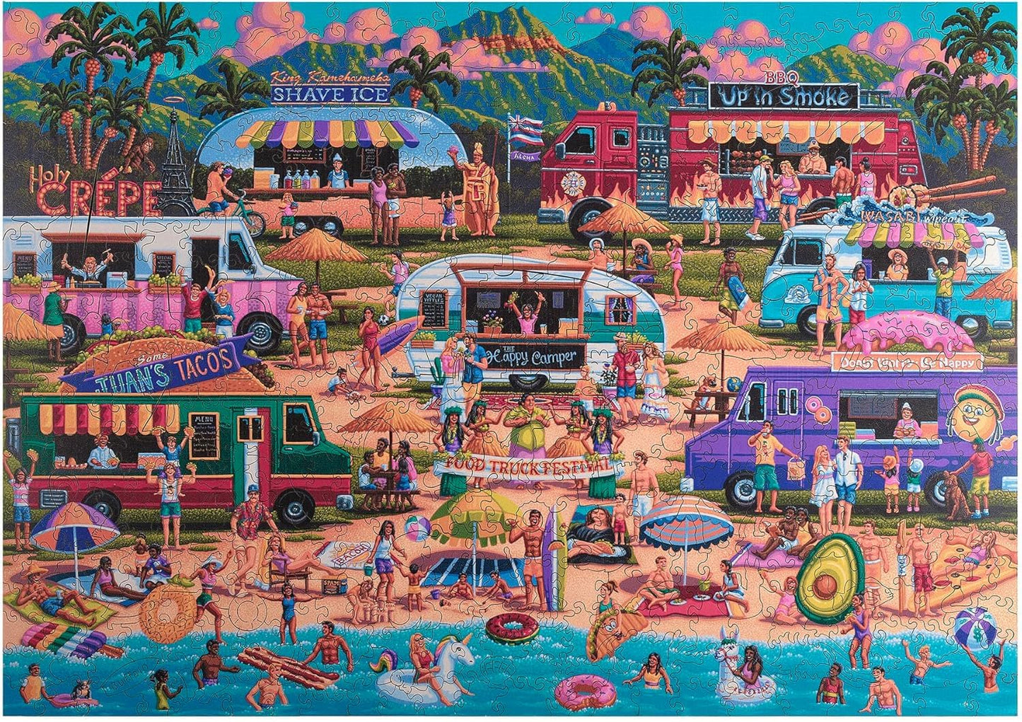 Buffalo Games - Hawaiian Food Truck Festival Wood Puzzle - Whimsy Cut Jigsaw Pieces - 500 Piece Jigsaw Puzzle - Ages 14 And Up