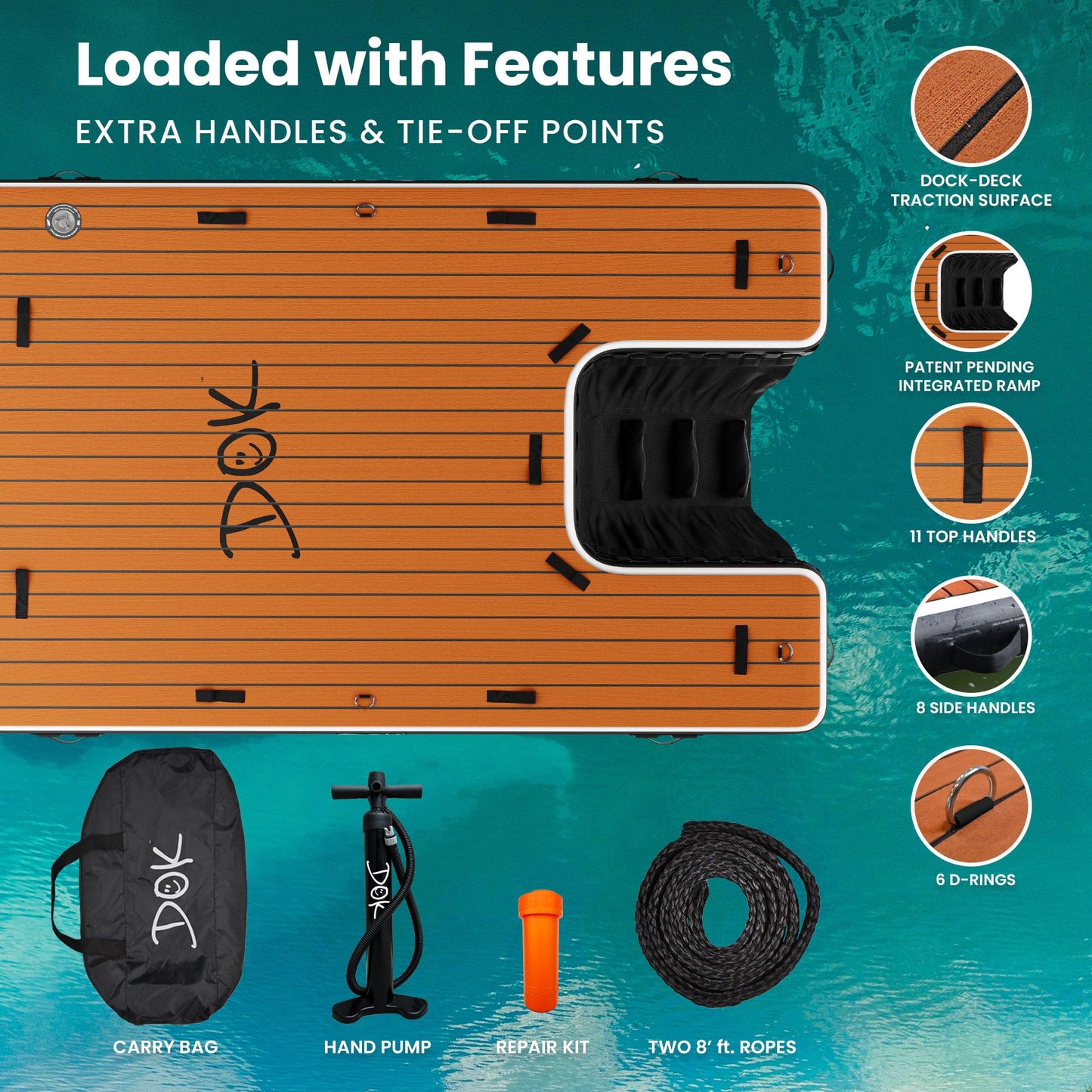 DOK Inflatable Dock Platform - 8' x 5' Non-Slip EVA Foam, Black, Military Grade, Water Ramp for Pool, Dock & Lake Access
