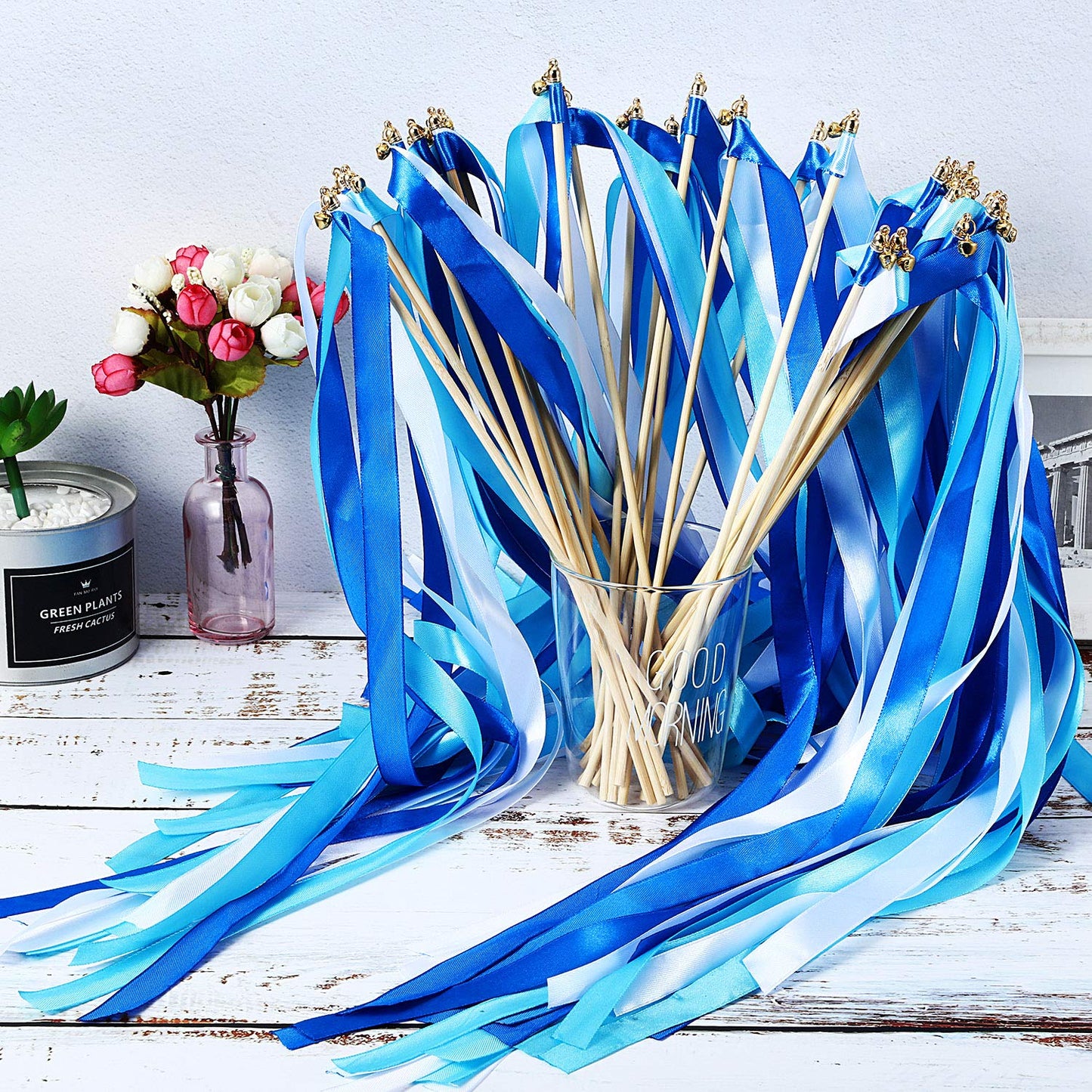 40 Pieces Mix Color Ribbon Sticks with Bell Fairy Stick Party Streamers for Wedding Party(Blue)