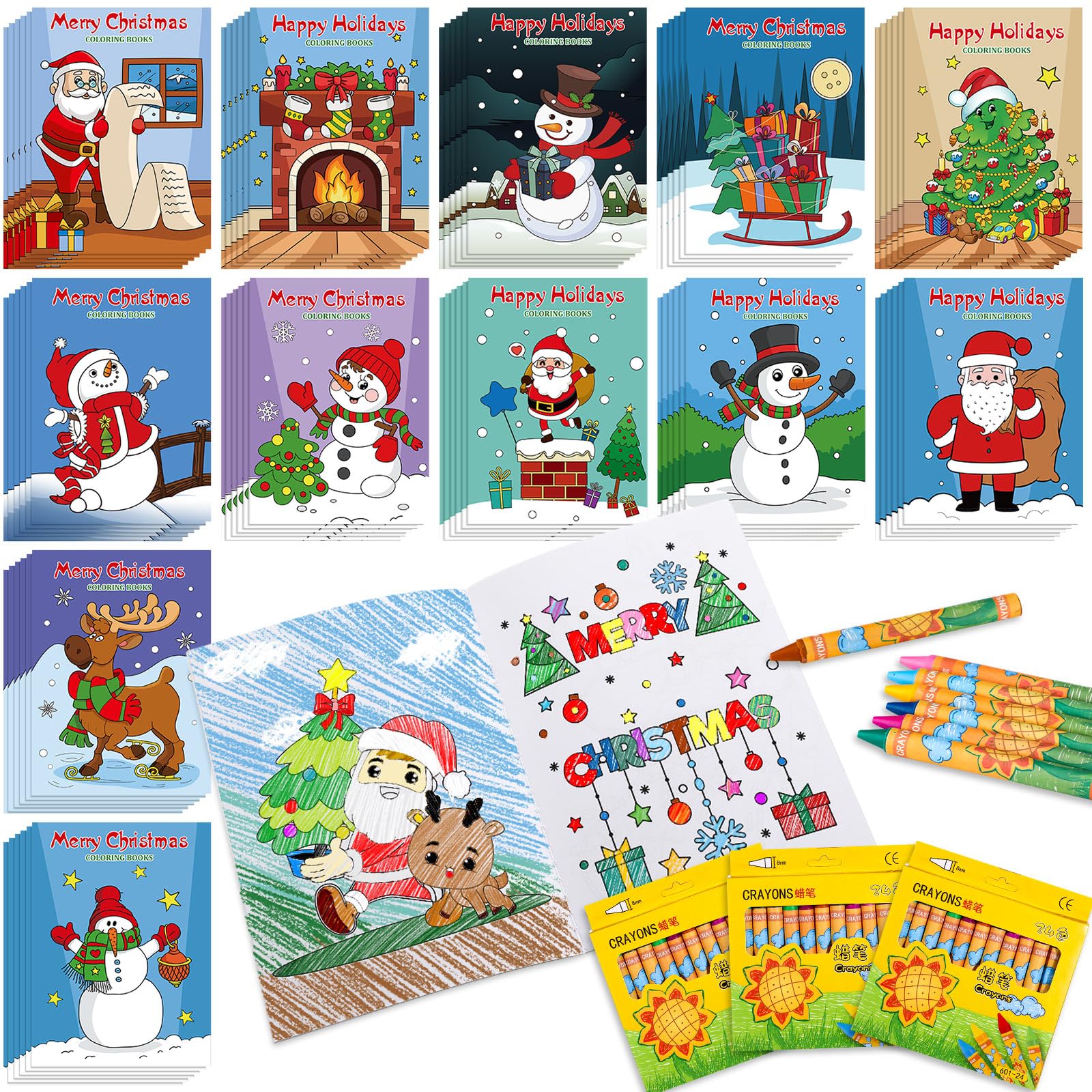 Fulmoon 144 Pcs Christmas Coloring Books with Crayons for Kids Christmas Activity Books Mini Coloring Book Bulk for Toddler Ages