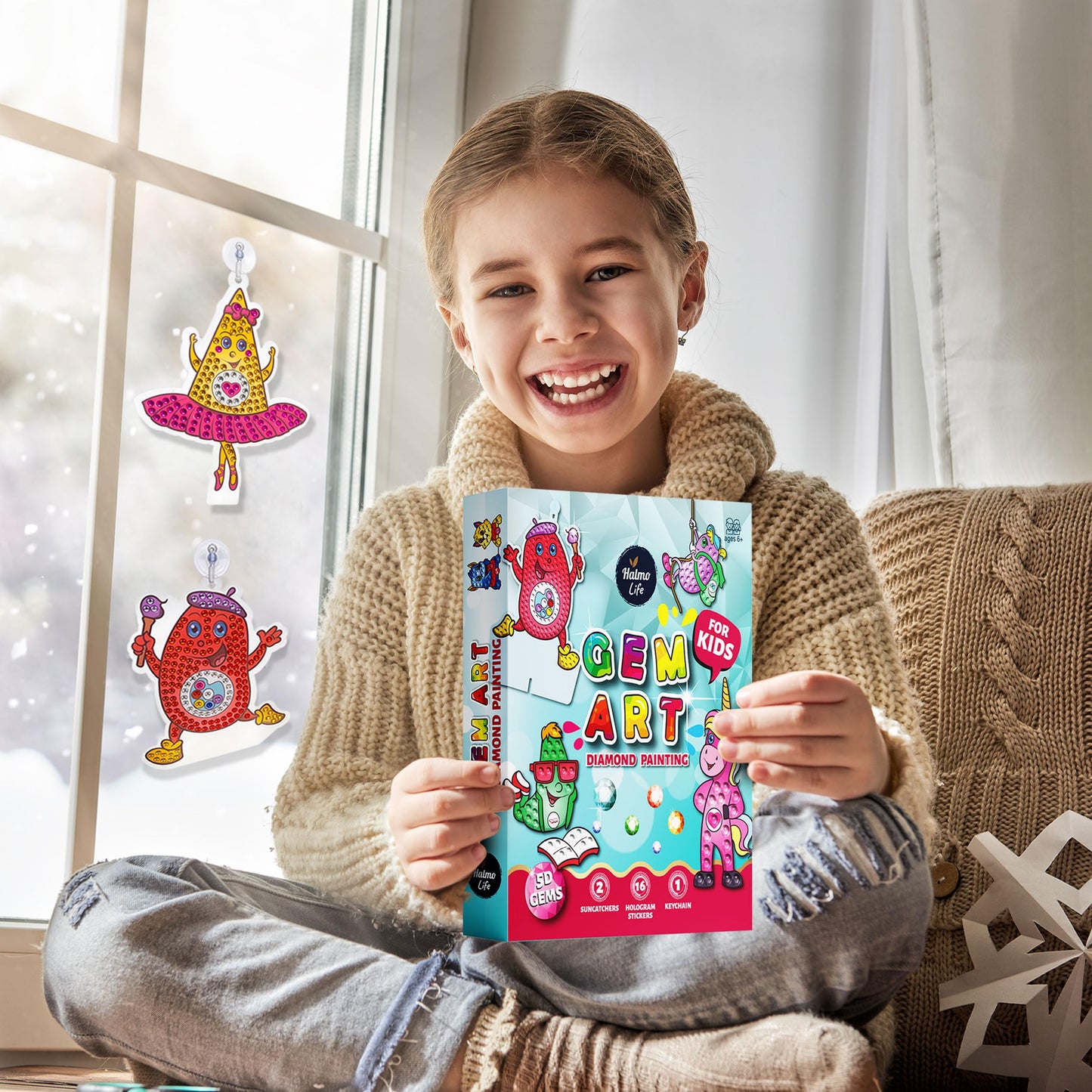 Halmolife Big Gem Diamond Painting Kits -19 Stickers, Keychain & Suncatcher DIY Kit - Diamond Art for Kids - Arts and Crafts for