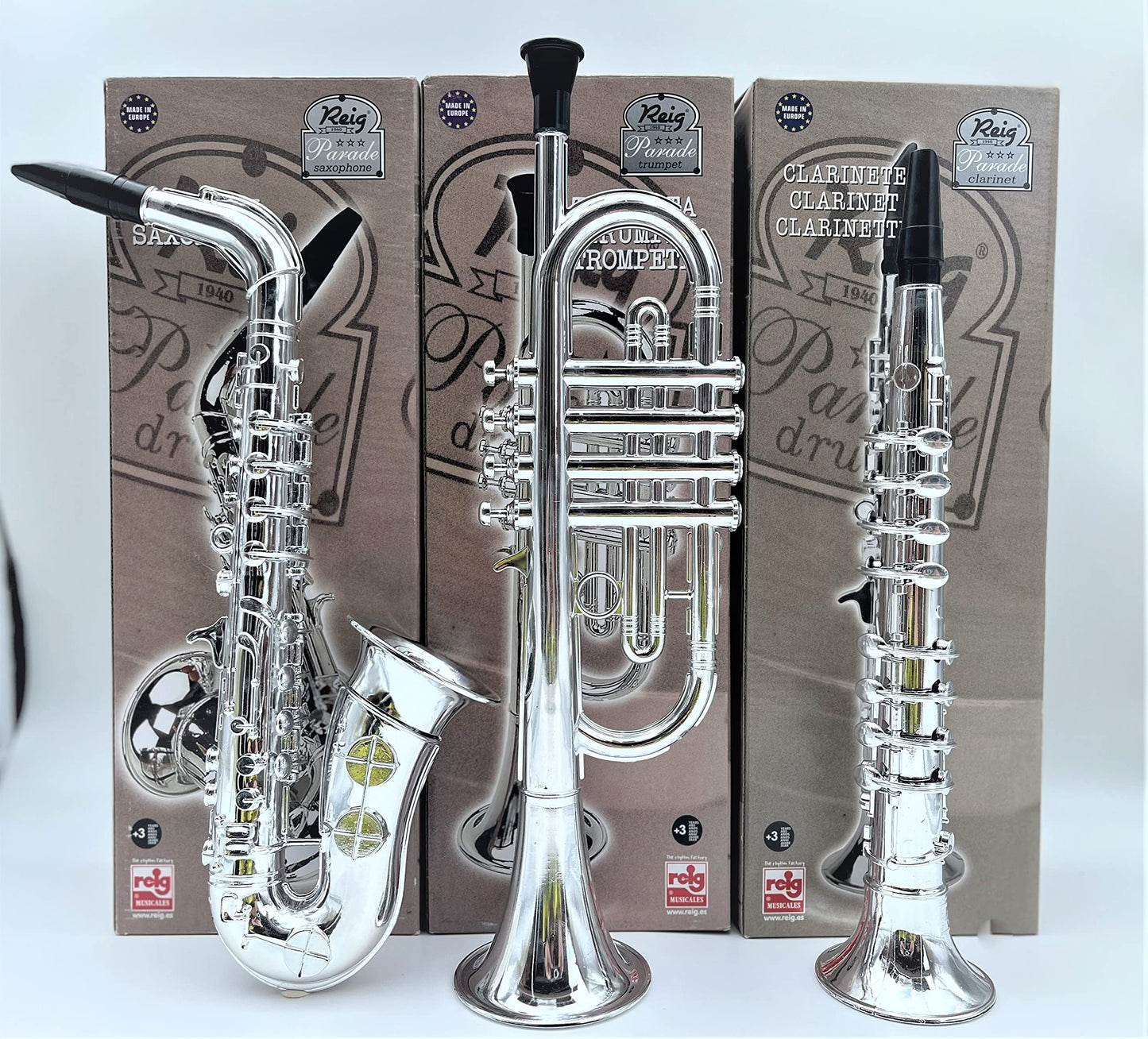 Toy Instruments Set Trumpet  Saxophone and Clarient with Standard Keys in Perfect Pitch are Easy and intuitive to Create Real Music. Instruments Measures 16 inches in Length.