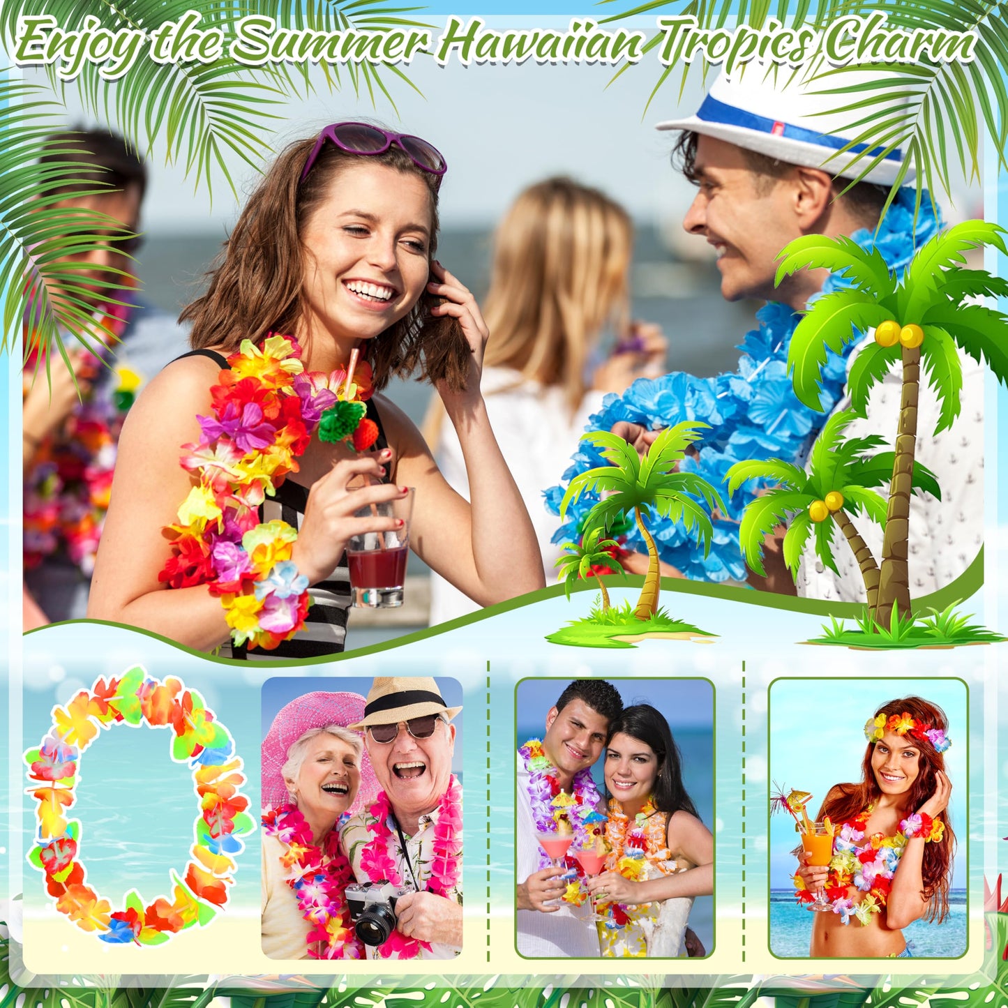 120 Packs Hawaiian Luau Leis Bulk Tropical Hawaii Theme Silk Flower Necklace Summer Beach Party Decorations Birthday Party Favor