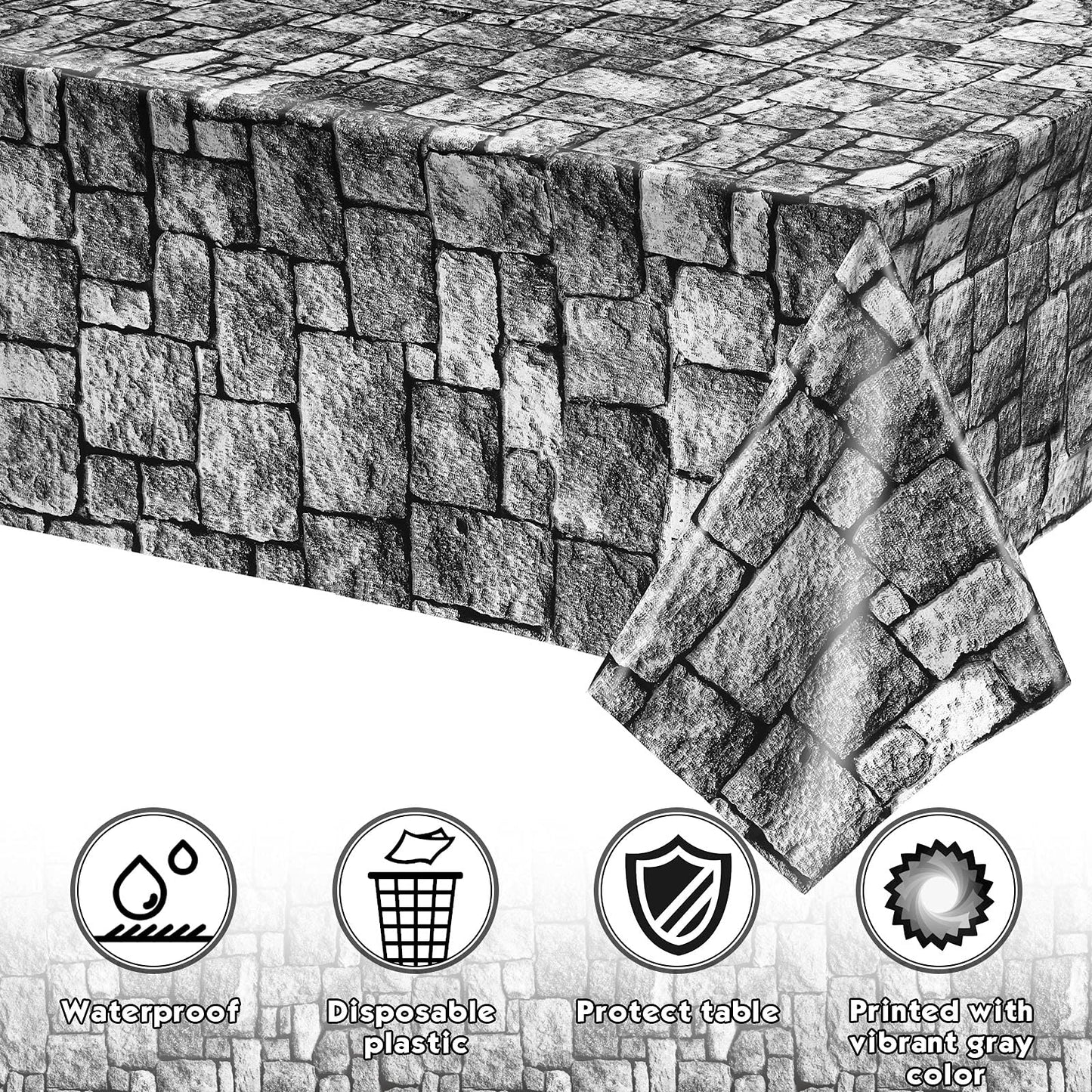 Irenare Stone Wall Tablecloths, Medieval Themed Party Decorations Supplies Disposable Plastic Brick Stone Tablecloth Castle Brick Wall Table Covers For Halloween Birthday Party Favors(3 Pack)