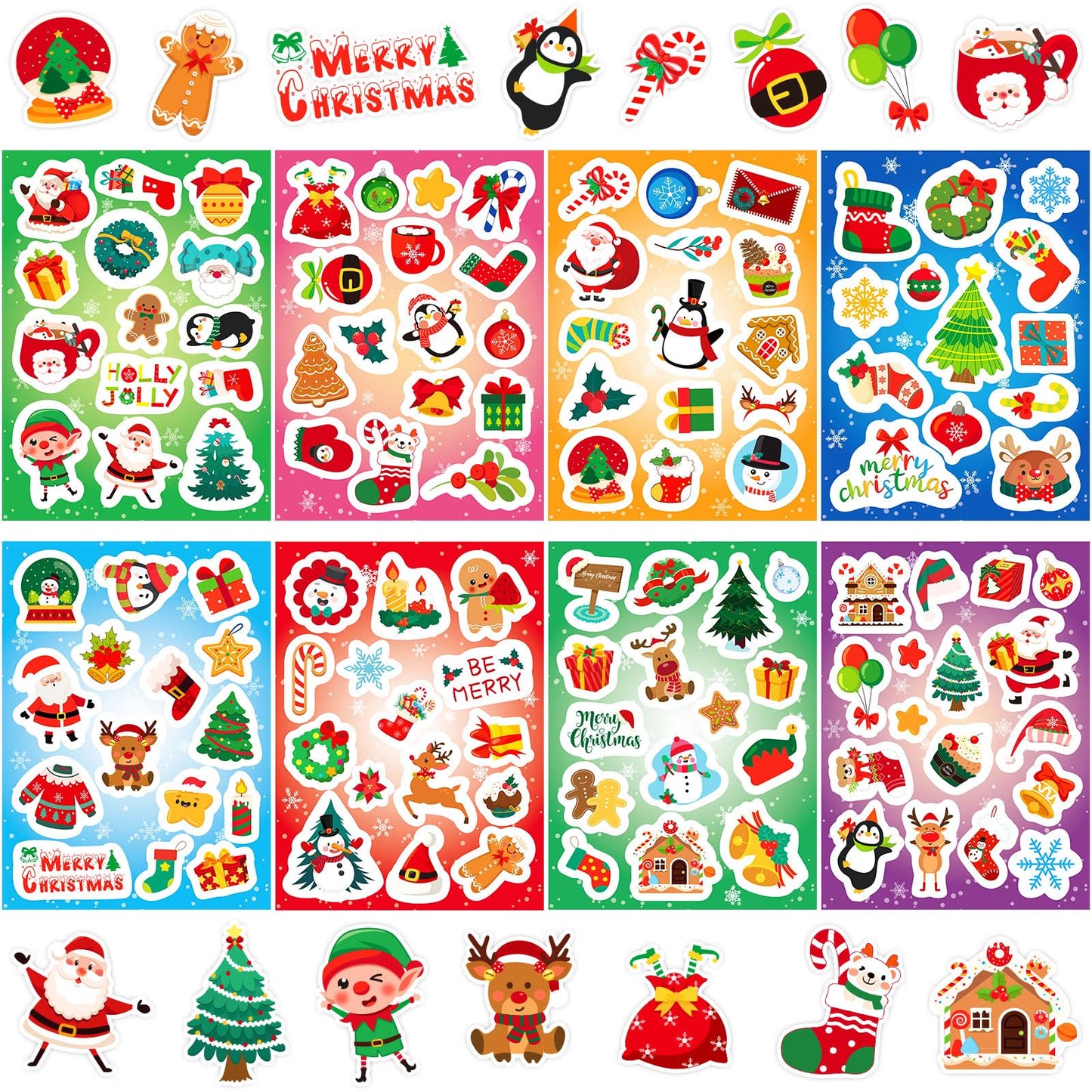 JULMELON 240 PCS Cute Christmas Stickers - Assorted Santa, Snowman, Tree Designs - Bulk Pack for Kids, Classroom, Party Favors, 